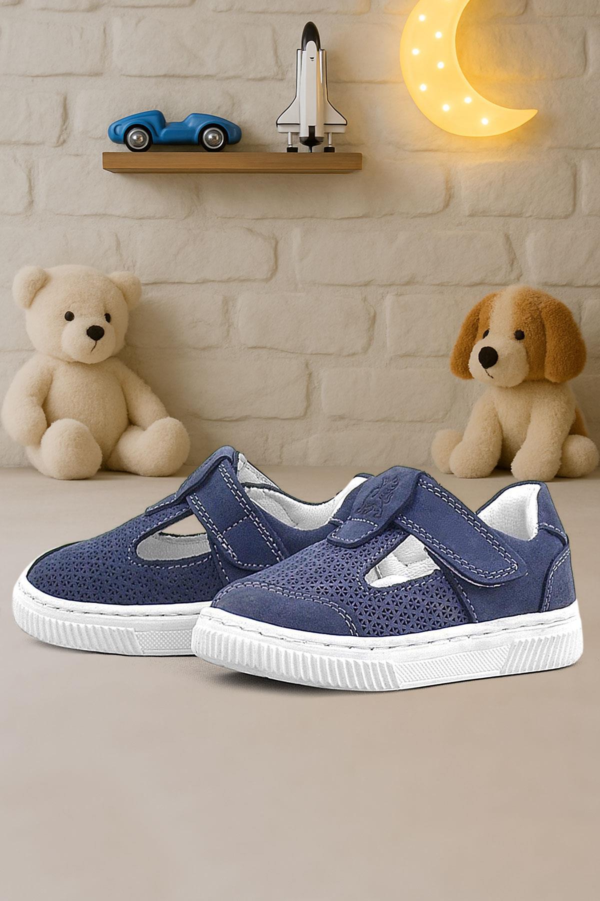 Bheem Hakiki Deri Lacivert Nubuk Cırtlı Bebek Sneaker Sandalet - Görsel 3