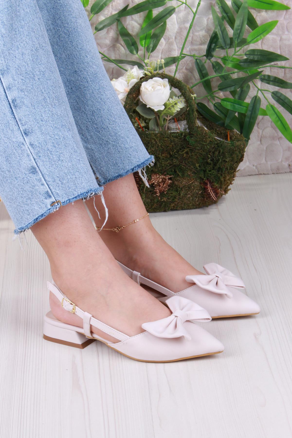 018-903 Fls Saten Fiyonk Detaylı Alçak Topuk Arkası Açık Önü Kapalı Kadın Ayakkabı - Görsel 2