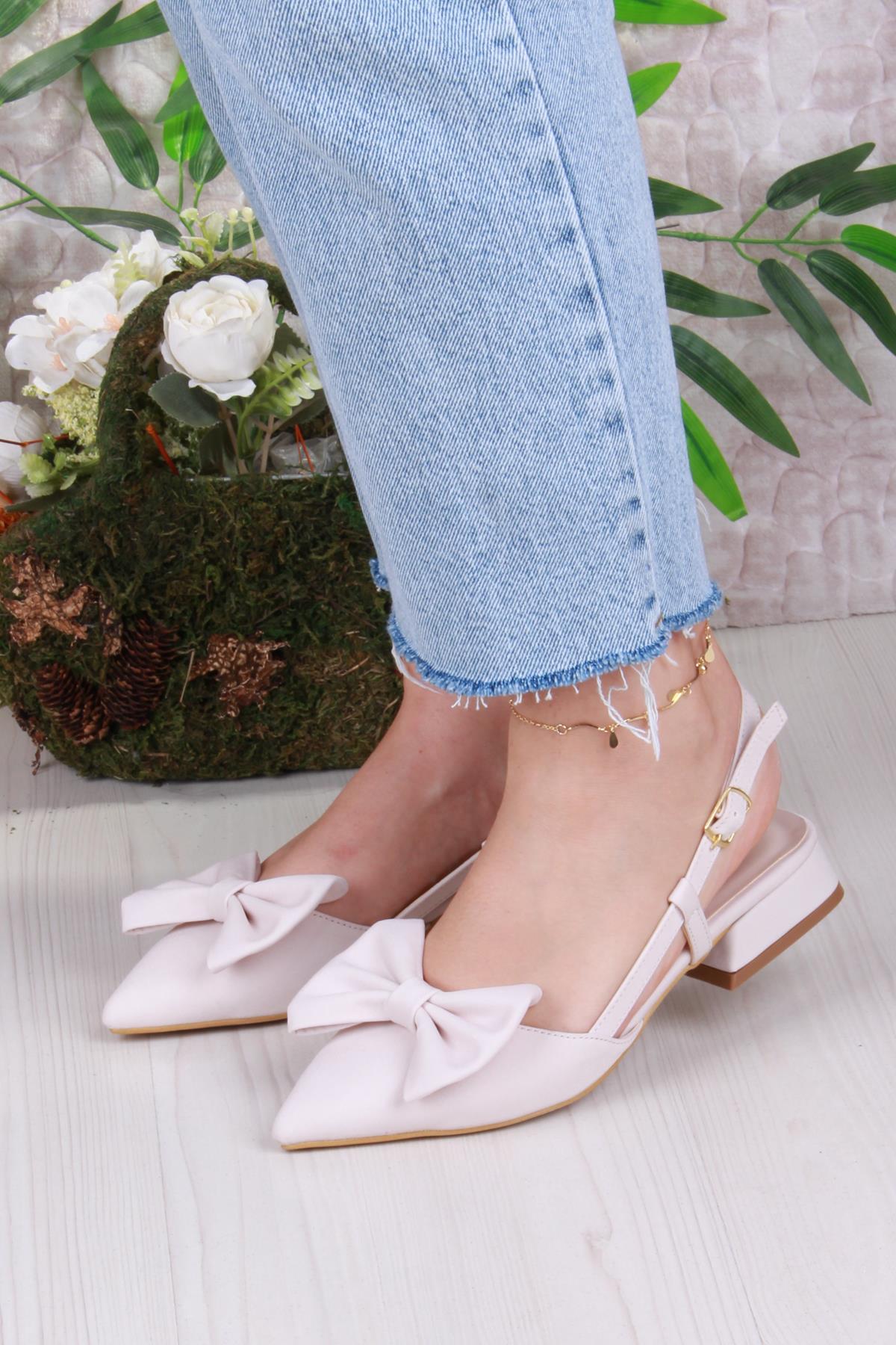 018-903 Fls Saten Fiyonk Detaylı Alçak Topuk Arkası Açık Önü Kapalı Kadın Ayakkabı - Görsel 3