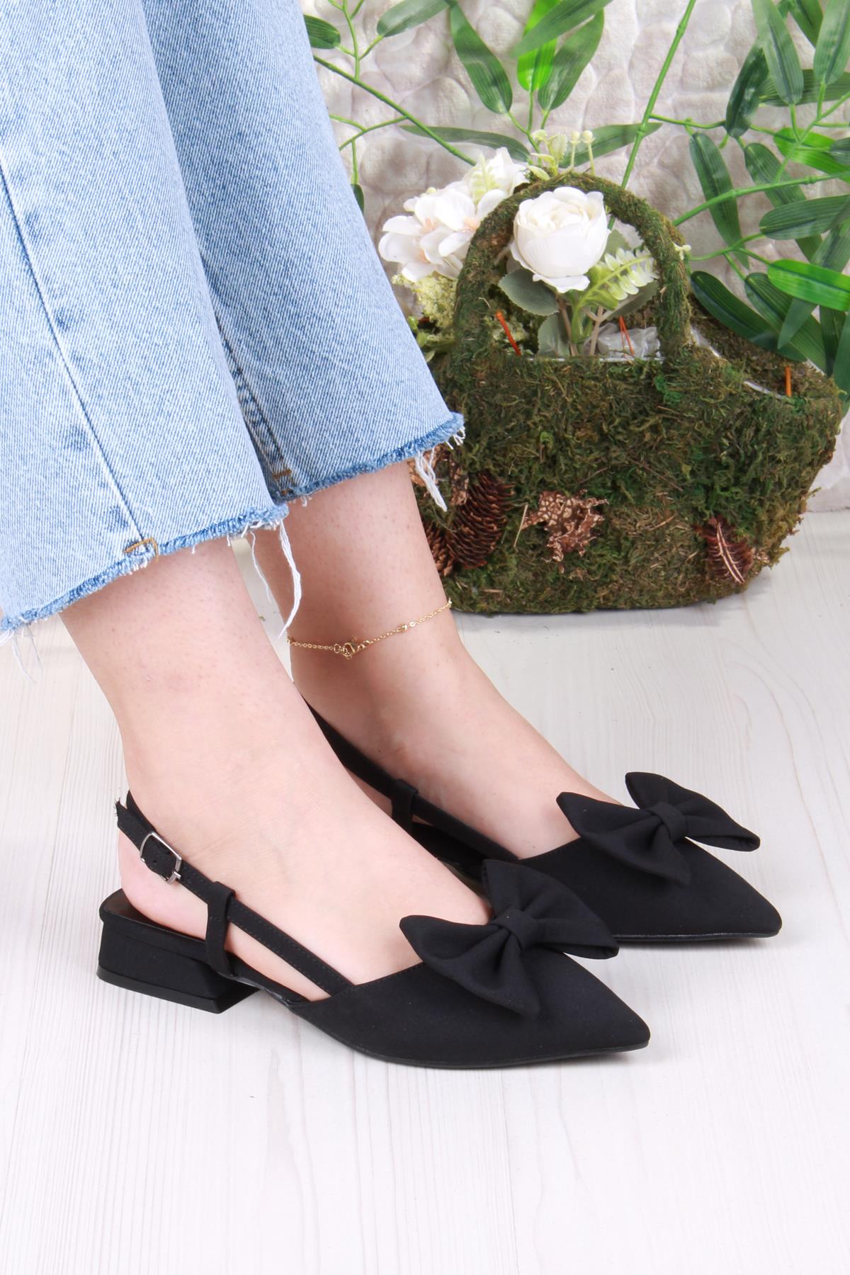 018-903 Fls Saten Fiyonk Detaylı Alçak Topuk Arkası Açık Önü Kapalı Kadın Ayakkabı - Görsel 2