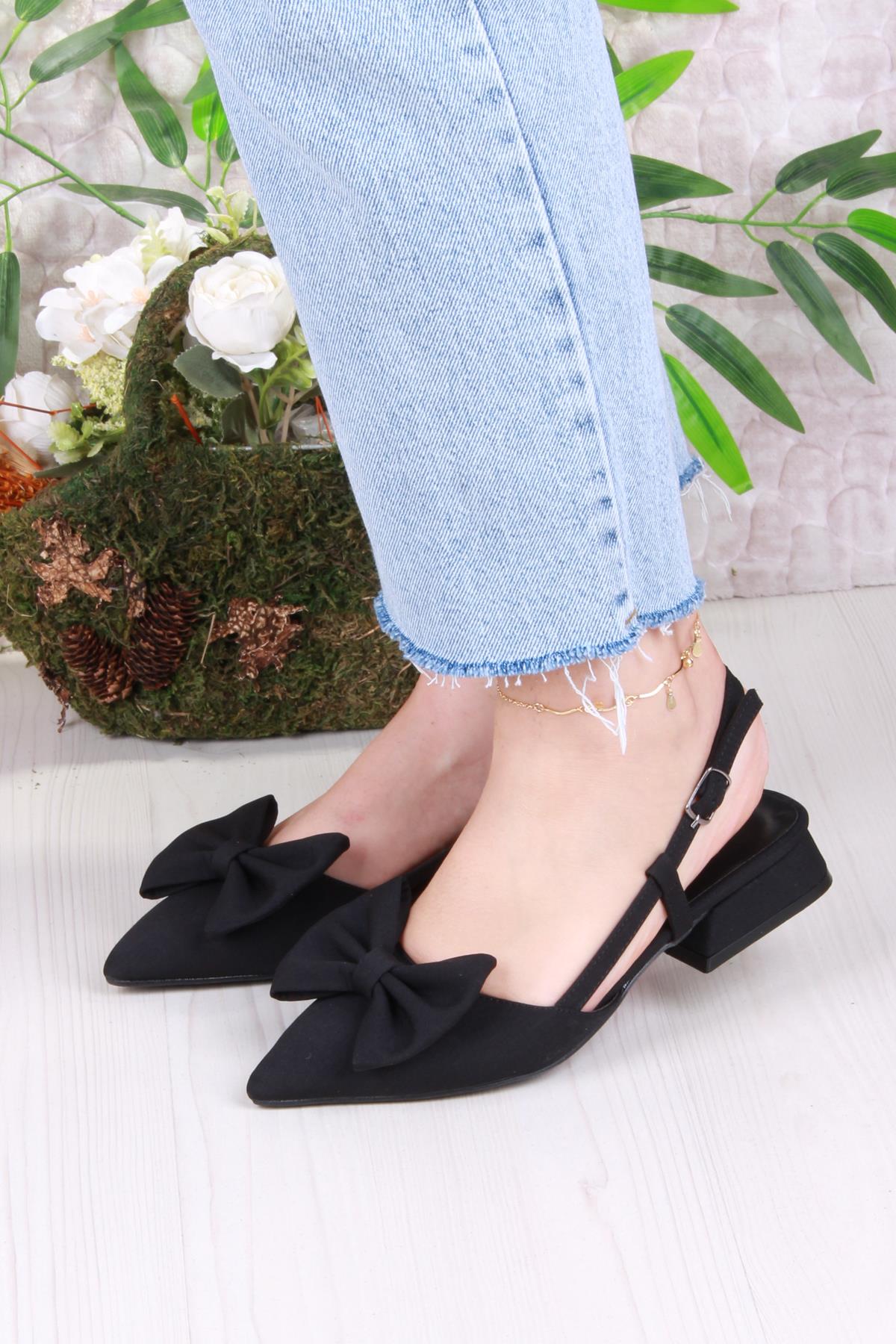 018-903 Fls Saten Fiyonk Detaylı Alçak Topuk Arkası Açık Önü Kapalı Kadın Ayakkabı - Görsel 3