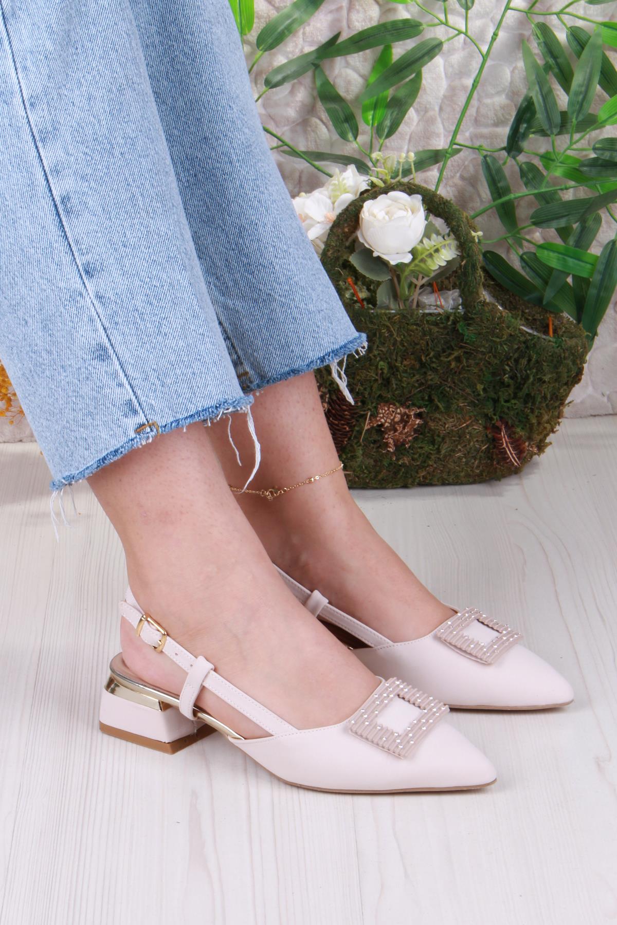 077-2058 Fls Saten Toka Detaylı Alçak Topuk Arkası Açık Önü Kapalı Kadın Ayakkabı - Görsel 2