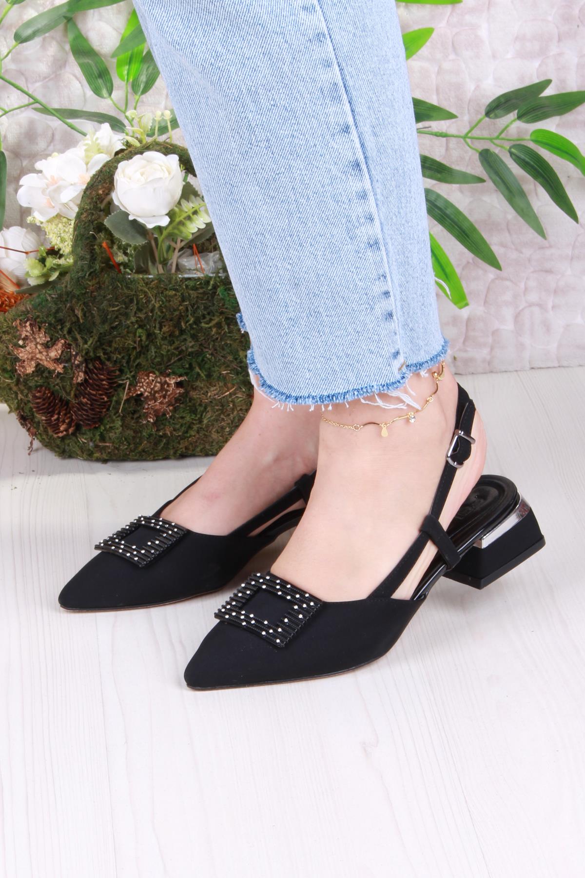 077-2058 Fls Saten Toka Detaylı Alçak Topuk Arkası Açık Önü Kapalı Kadın Ayakkabı - Görsel 3