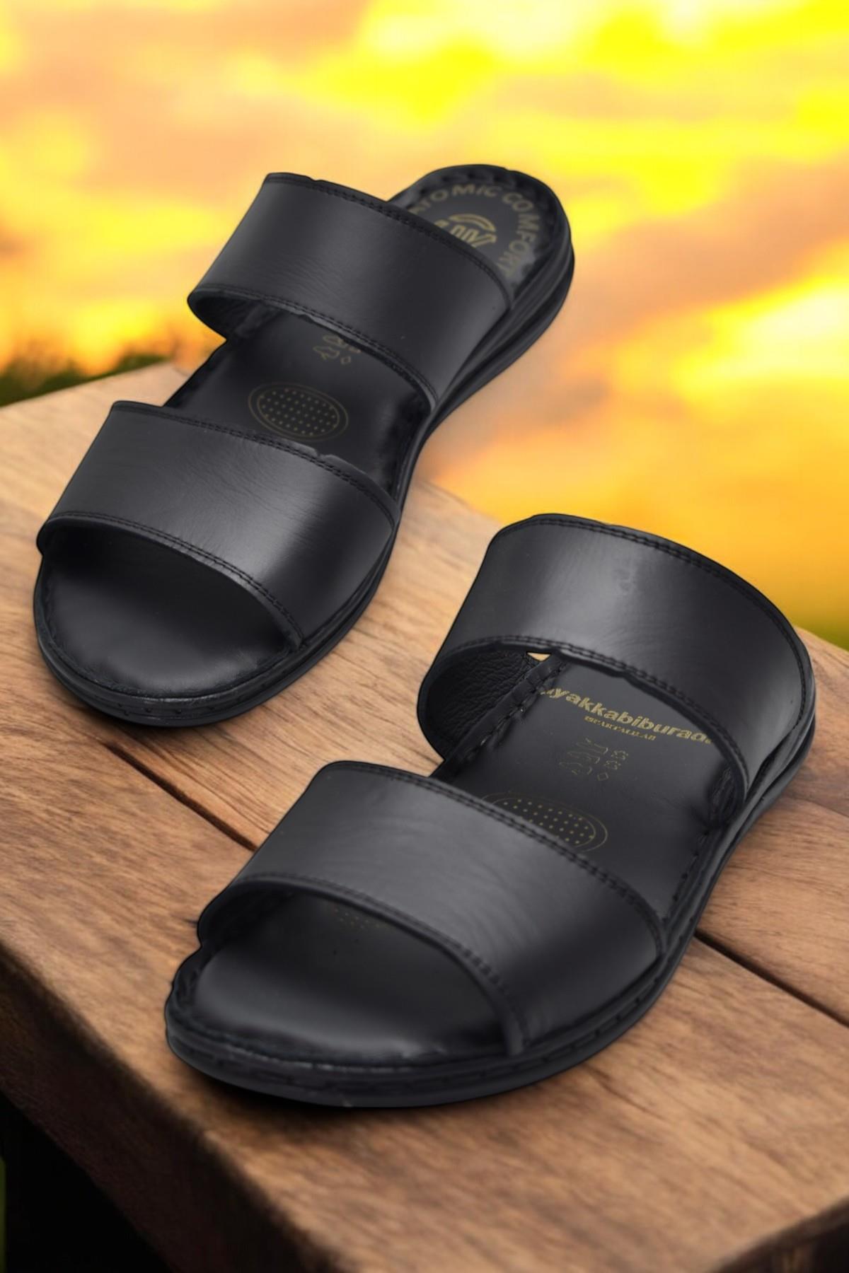 039 Günlük Ortopedik Taban Hakiki Deri Erkek Terlik Puff Yumuşak İç Taban - Görsel 2