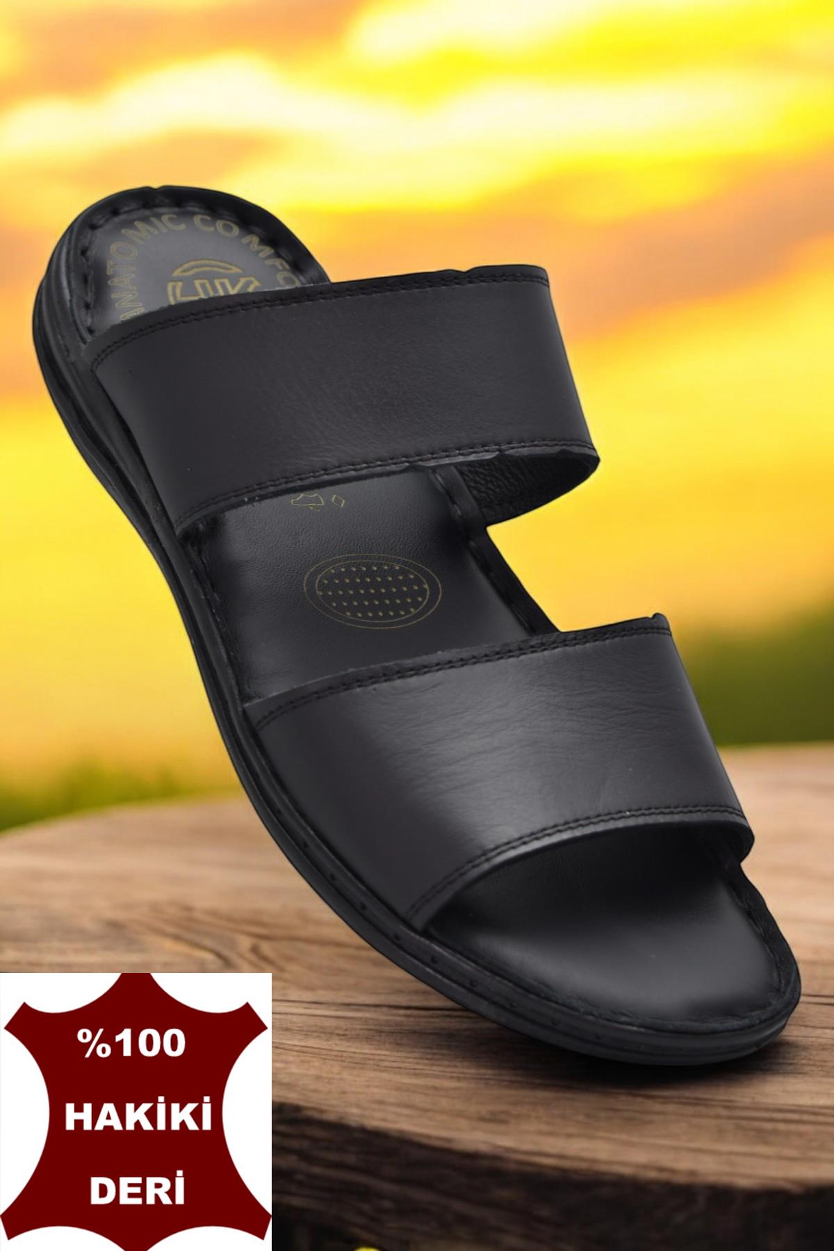 039 Günlük Ortopedik Taban Hakiki Deri Erkek Terlik Puff Yumuşak İç Taban - Görsel 3