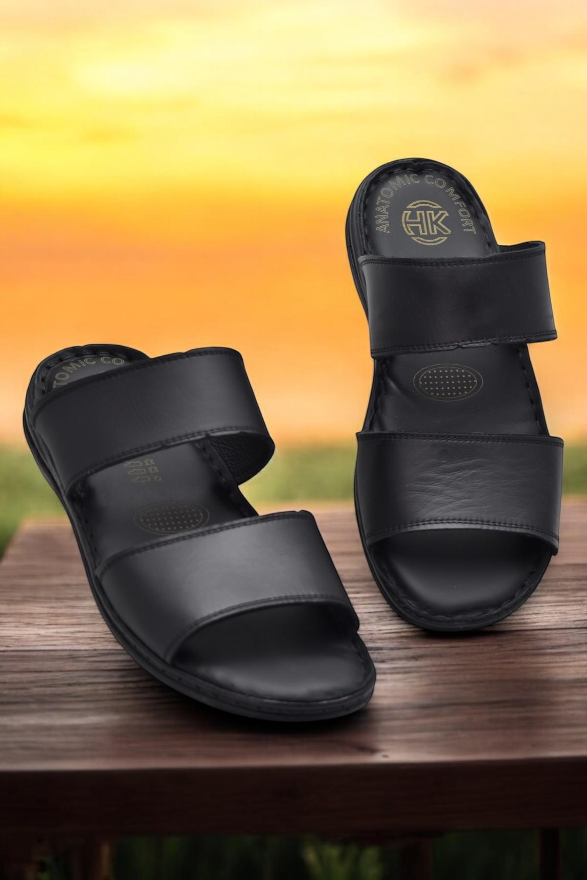 039 Günlük Ortopedik Taban Hakiki Deri Erkek Terlik Puff Yumuşak İç Taban - Görsel 5