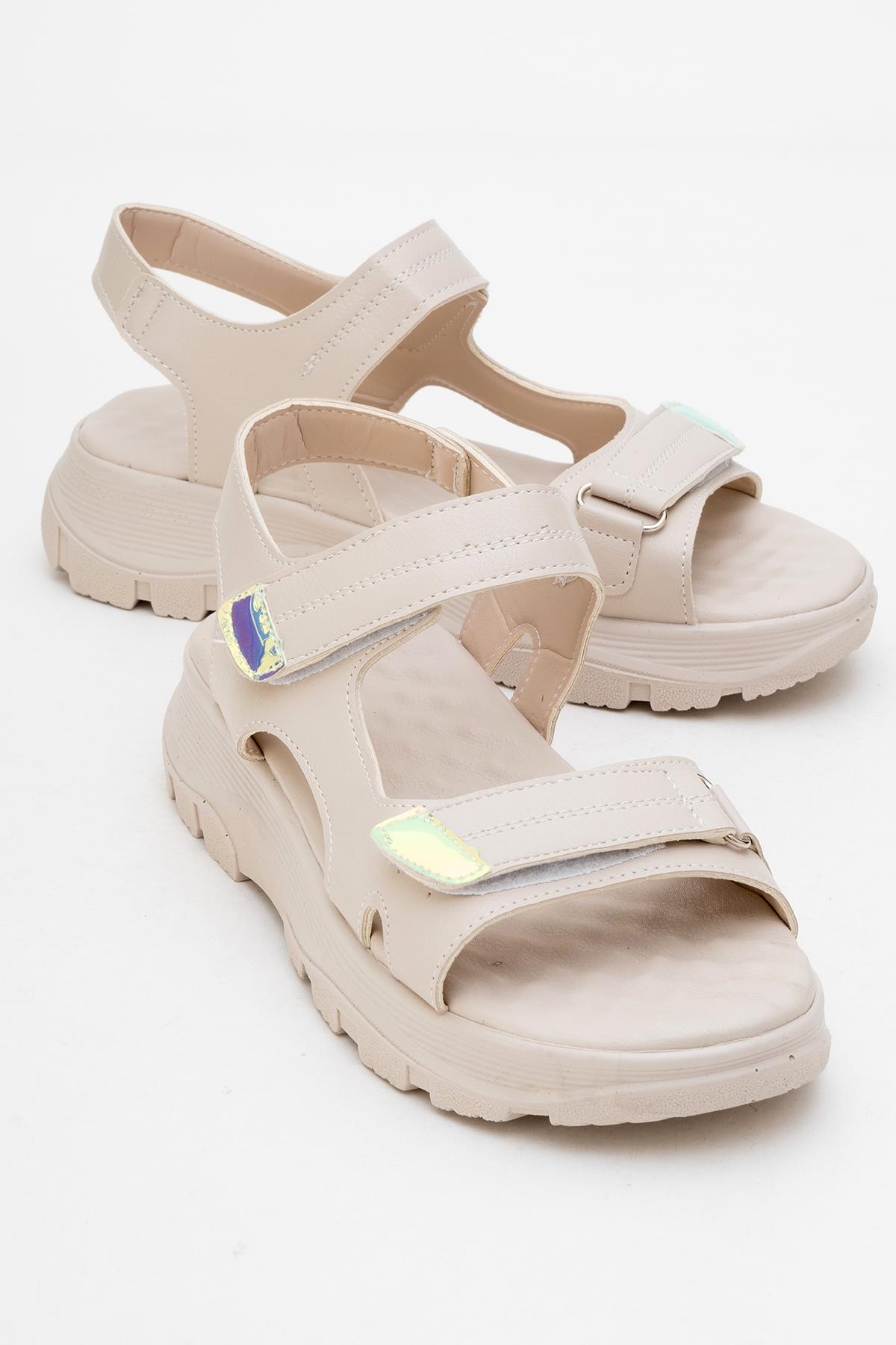 Kadın Çift Cırtlı Sandalet BEJ - Görsel 2