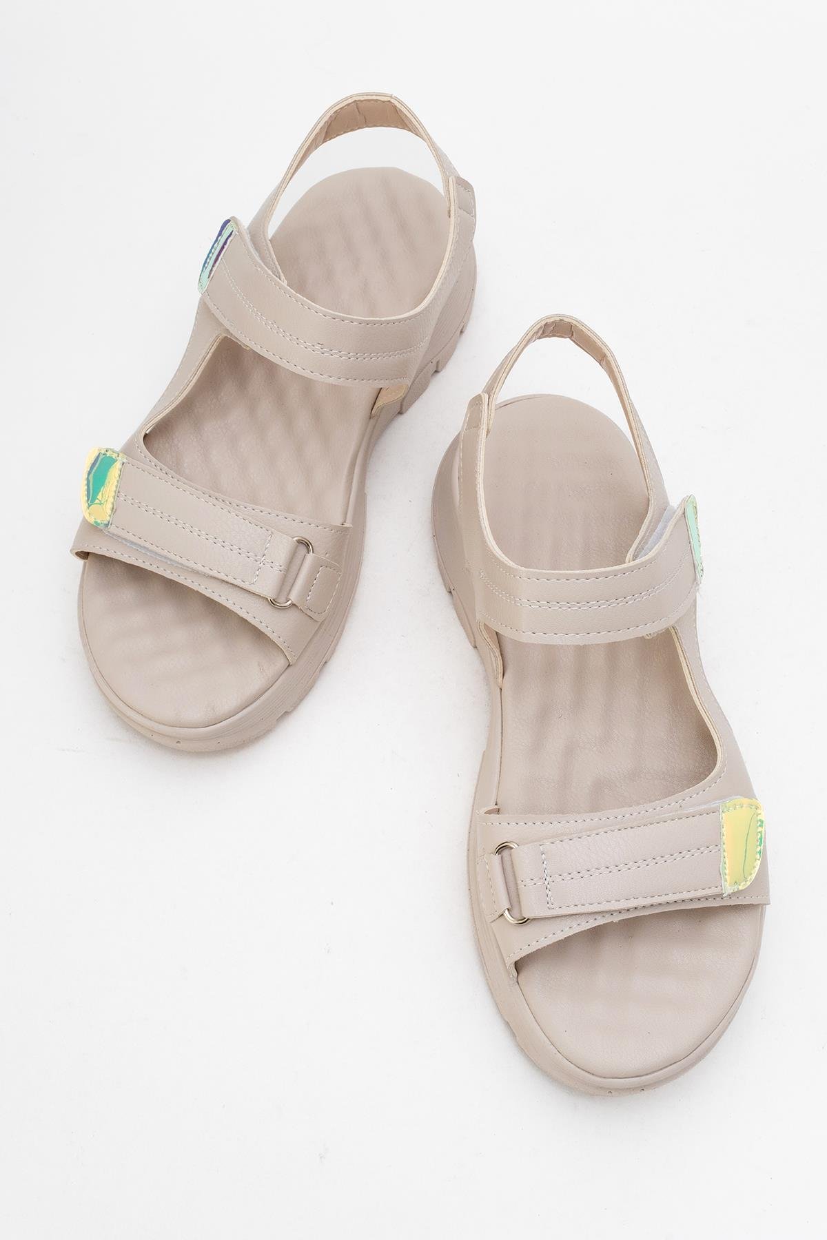 Kadın Çift Cırtlı Sandalet BEJ - Görsel 6