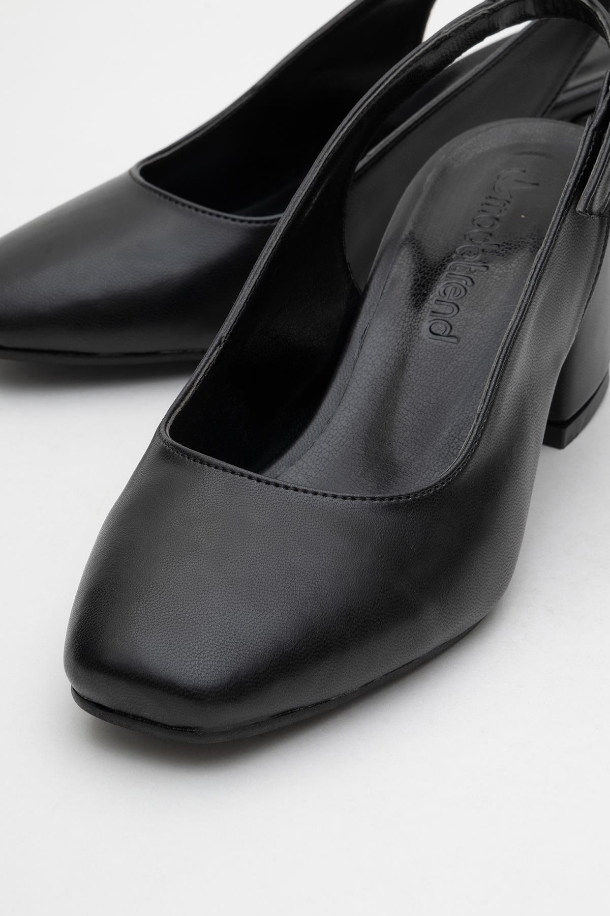 Kadın Küt Burunlu Açık Topuklu Sandalet SİYAH CİLT - Görsel 4