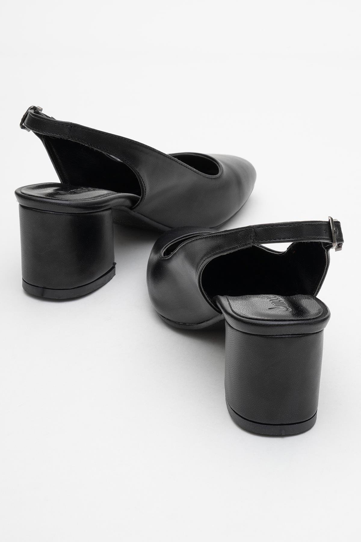 Kadın Küt Burunlu Açık Topuklu Sandalet SİYAH CİLT - Görsel 5