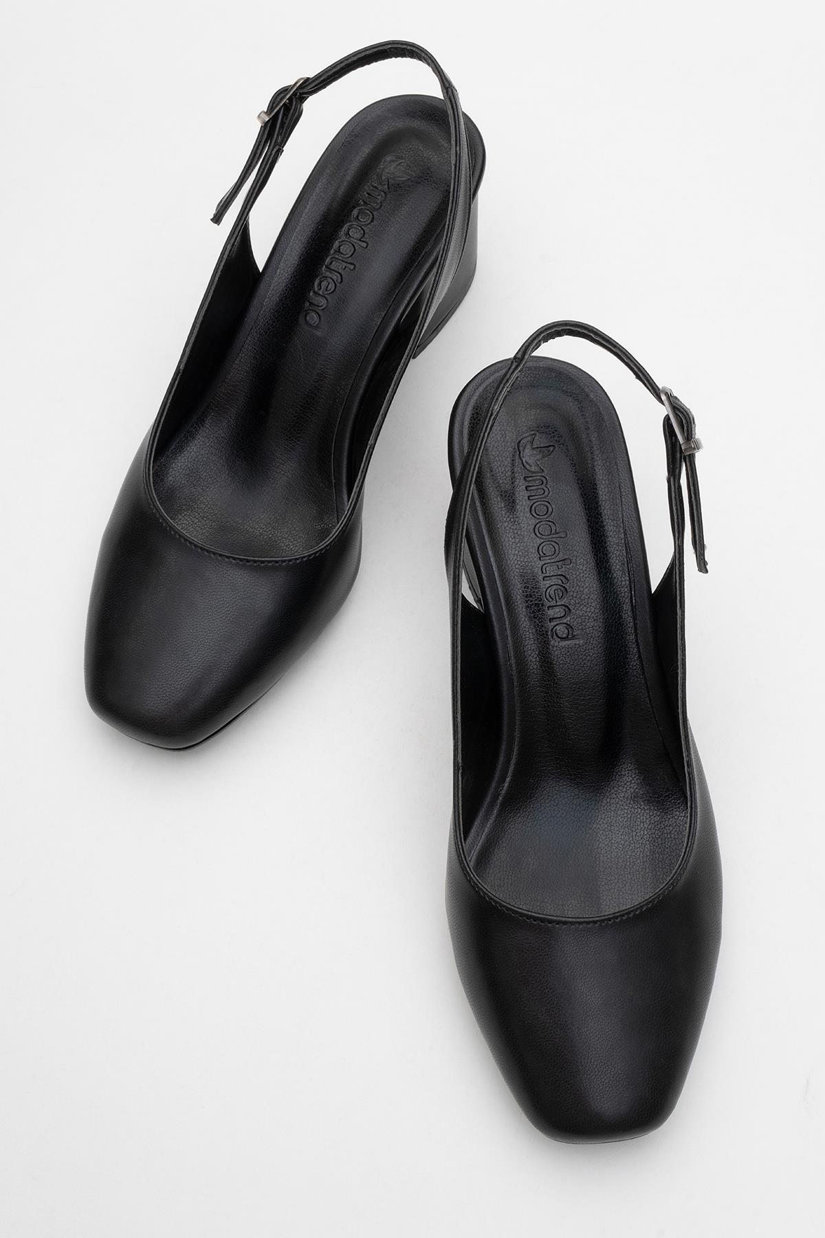 Kadın Küt Burunlu Açık Topuklu Sandalet SİYAH CİLT - Görsel 6