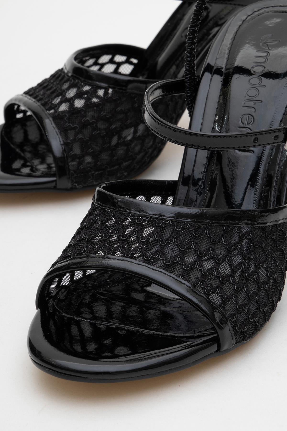 Kadın Fileli Ön Ve Arka Açık Topuklu Sandalet SİYAH RUGAN - Görsel 4