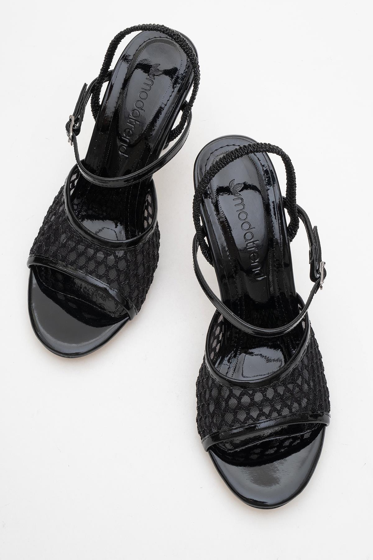 Kadın Fileli Ön Ve Arka Açık Topuklu Sandalet SİYAH RUGAN - Görsel 6