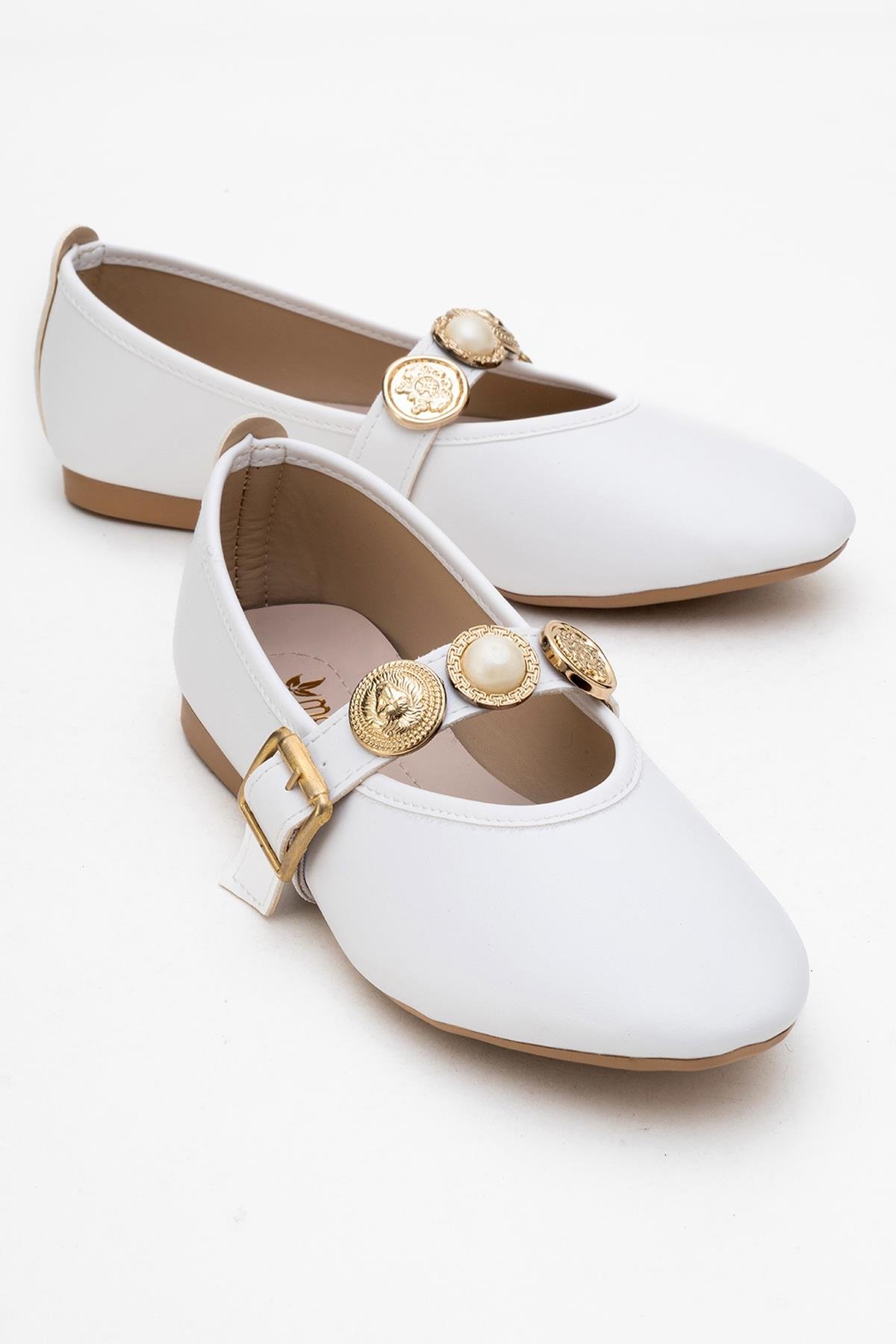 Kadın Kemerli Armalı Tek Biyeli Küt Burunlu Babet BEYAZ - Görsel 2