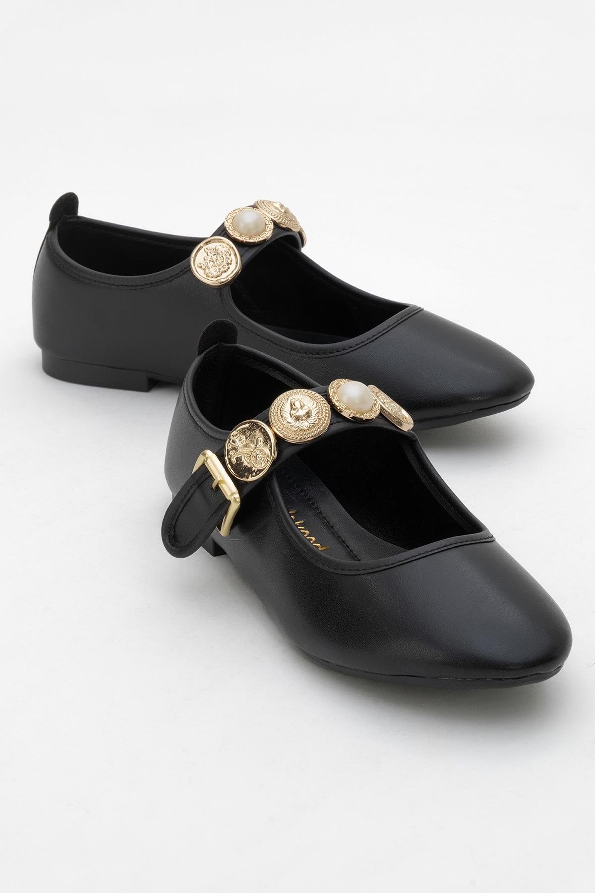 Kadın Kemerli Armalı Tek Biyeli Küt Burunlu Babet SİYAH - Görsel 2