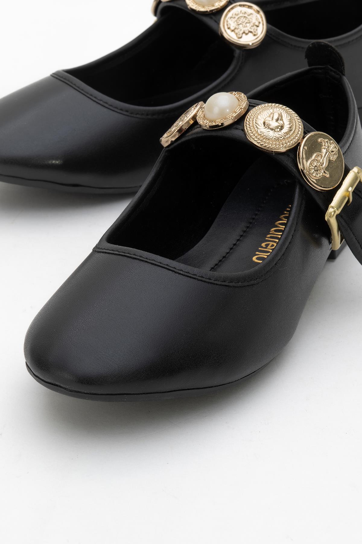 Kadın Kemerli Armalı Tek Biyeli Küt Burunlu Babet SİYAH - Görsel 4