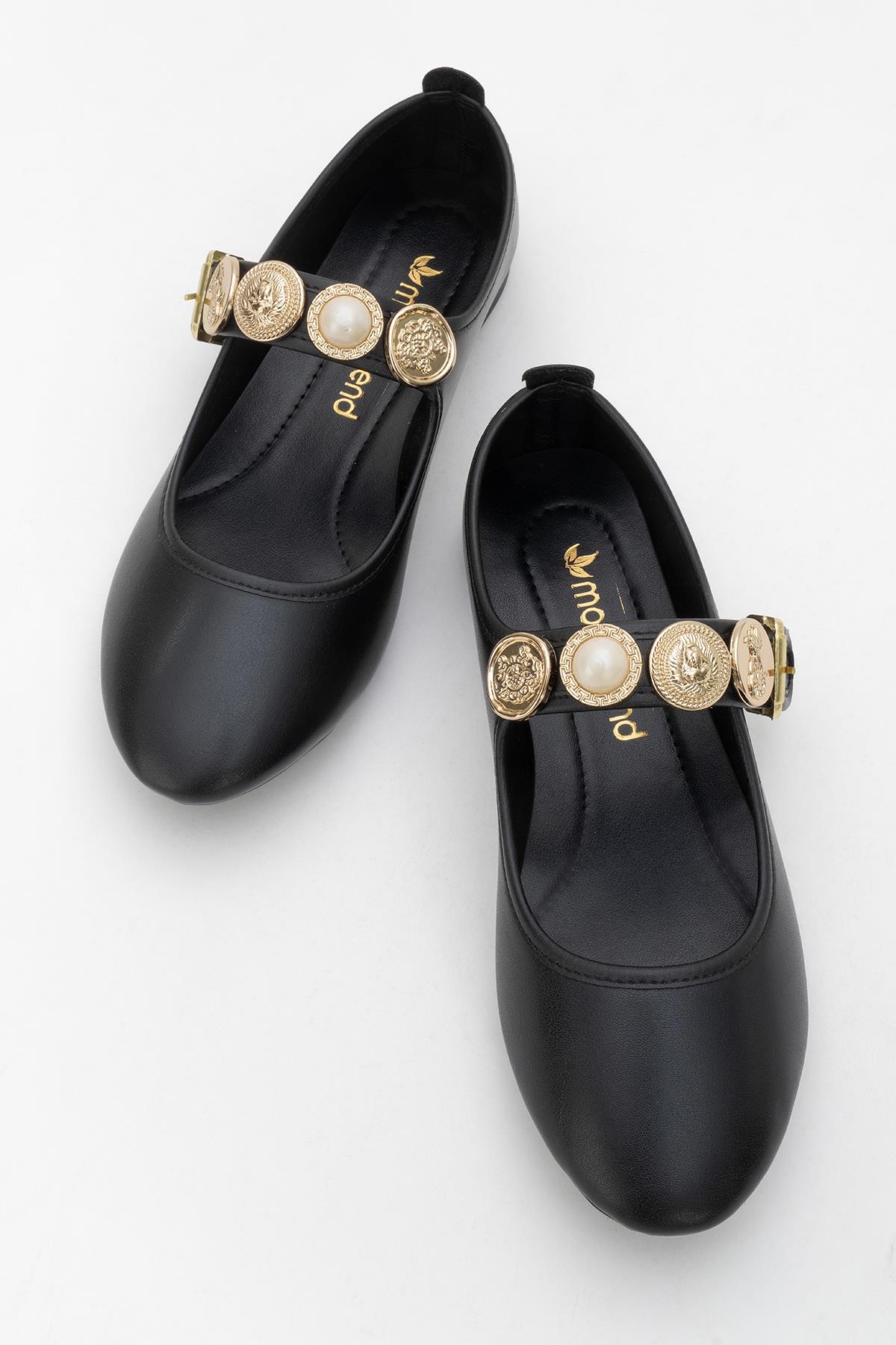 Kadın Kemerli Armalı Tek Biyeli Küt Burunlu Babet SİYAH - Görsel 6