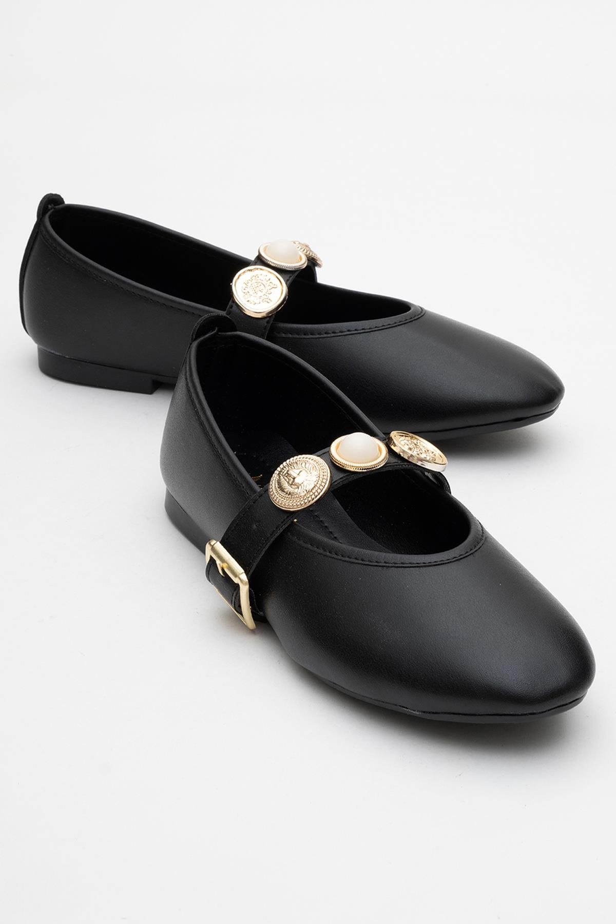 Kadın Kemerli Armalı Tek Biyeli Küt Burunlu Babet SİYAH - Görsel 2