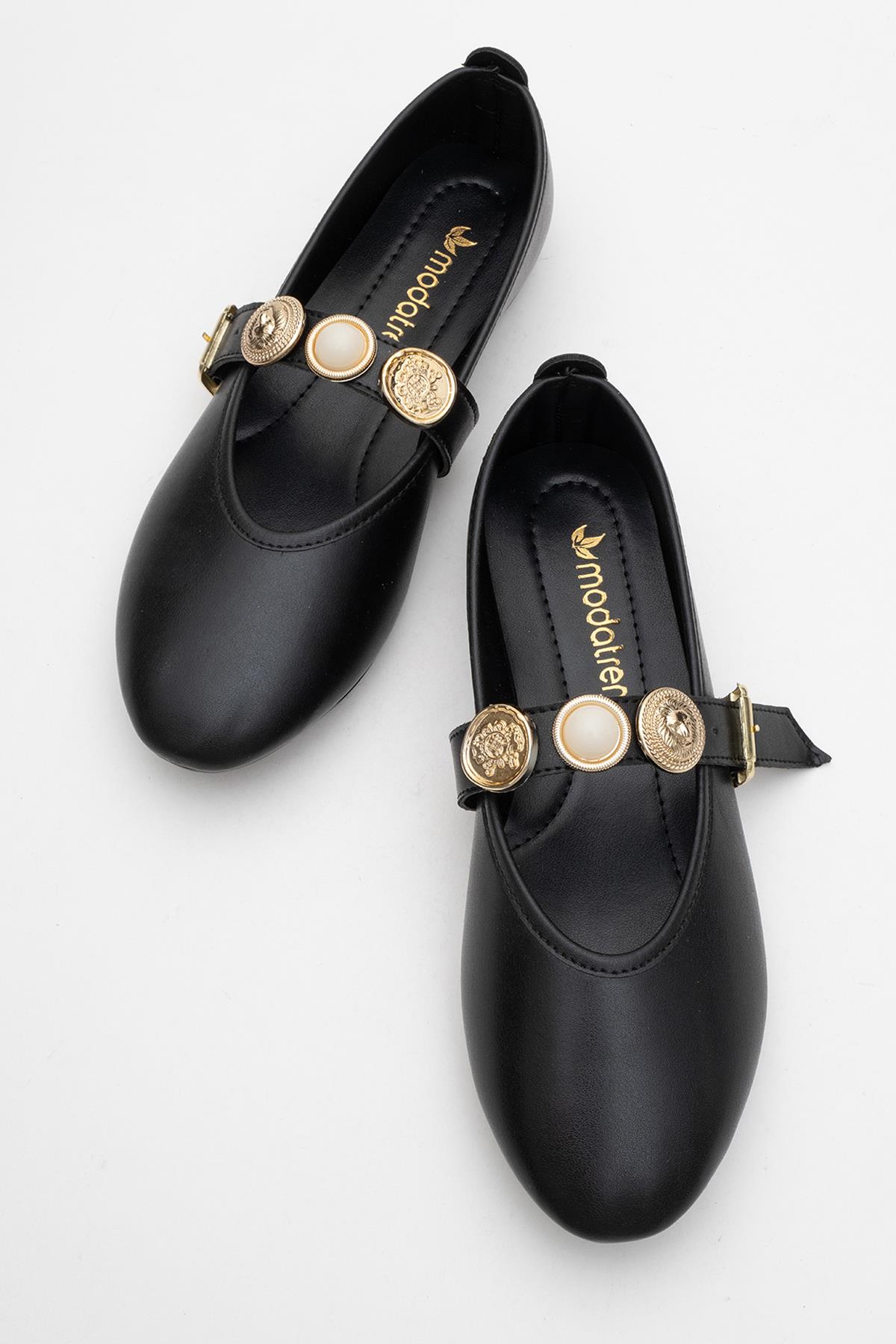 Kadın Kemerli Armalı Tek Biyeli Küt Burunlu Babet SİYAH - Görsel 6