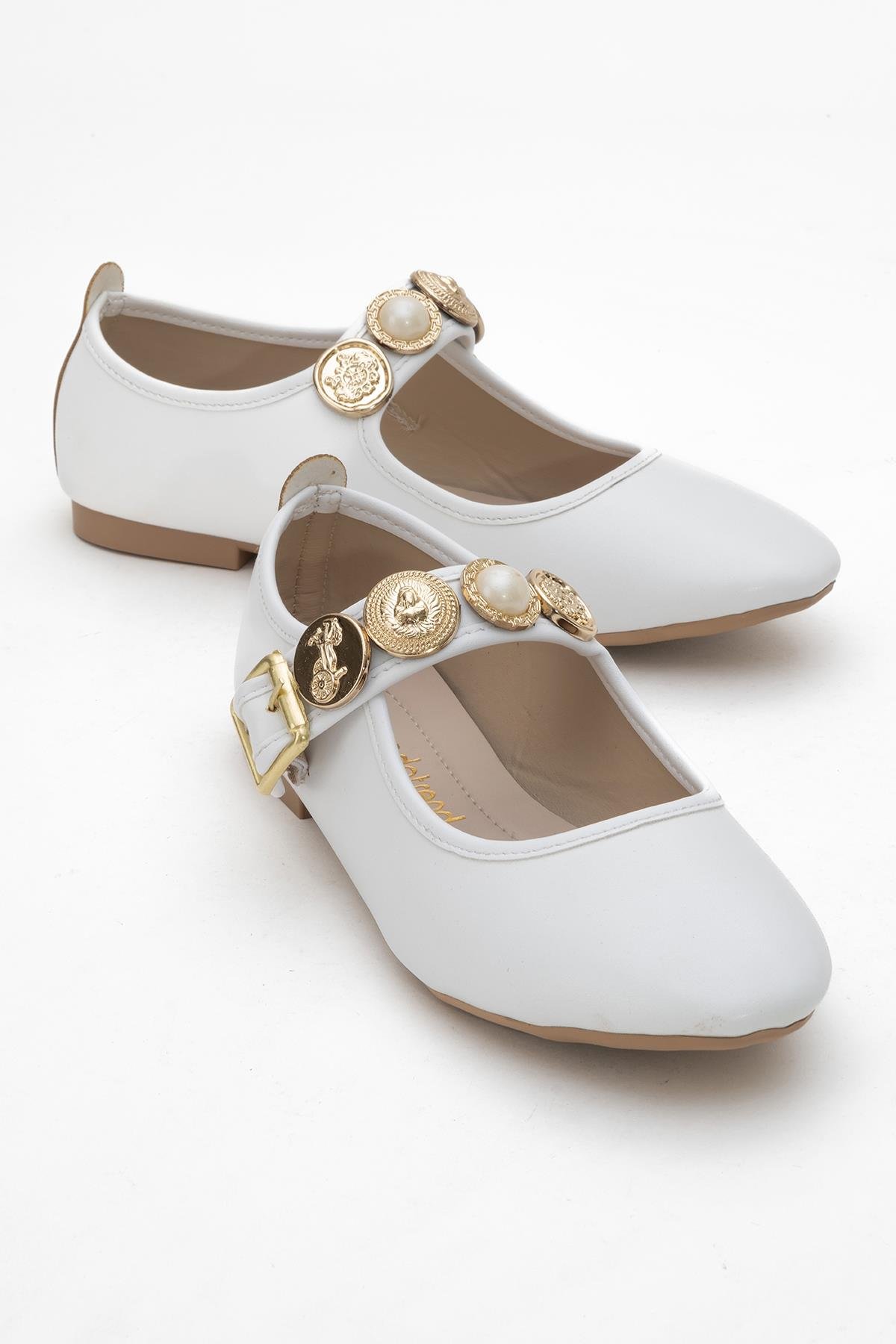 Kadın Kemerli Armalı Tek Biyeli Küt Burunlu Babet BEYAZ - Görsel 2