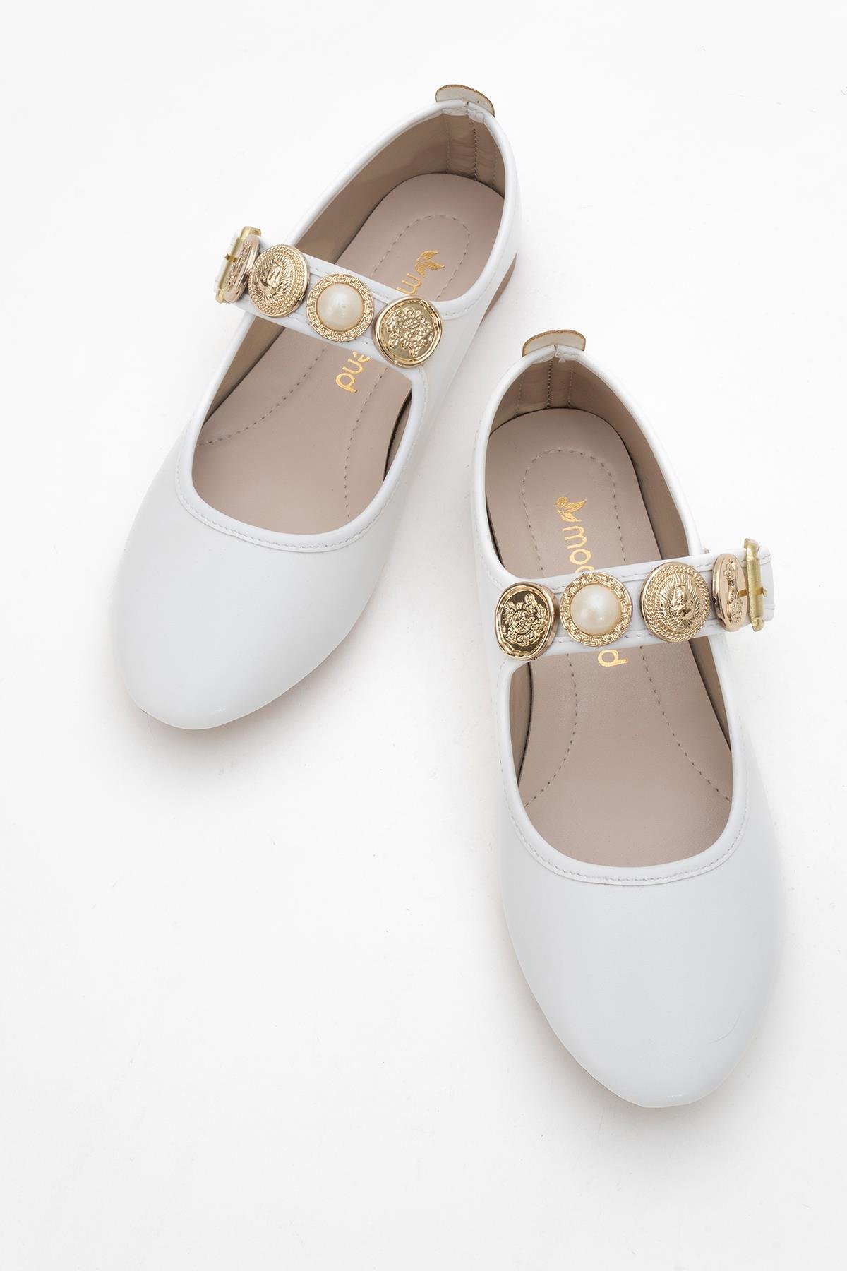 Kadın Kemerli Armalı Tek Biyeli Küt Burunlu Babet BEYAZ - Görsel 6