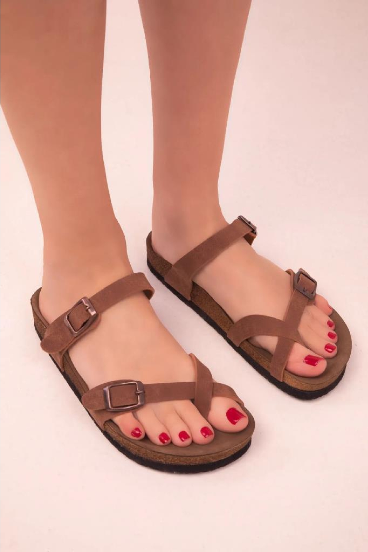 Kadın Haki / Beyaz Çift Toka Parmak Arası Terlik - Görsel 6