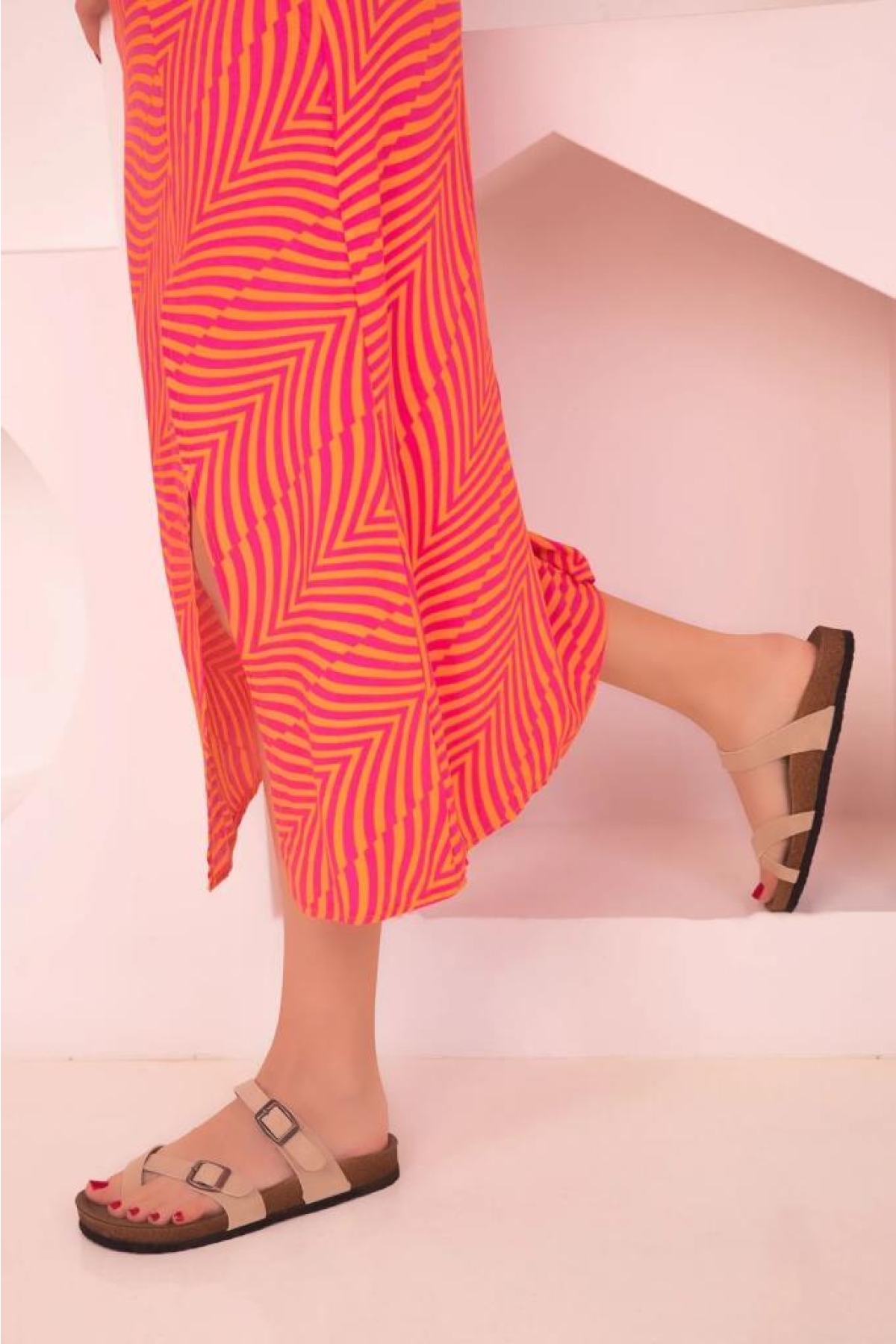 Kadın Haki / Beyaz Çift Toka Parmak Arası Terlik - Görsel 4