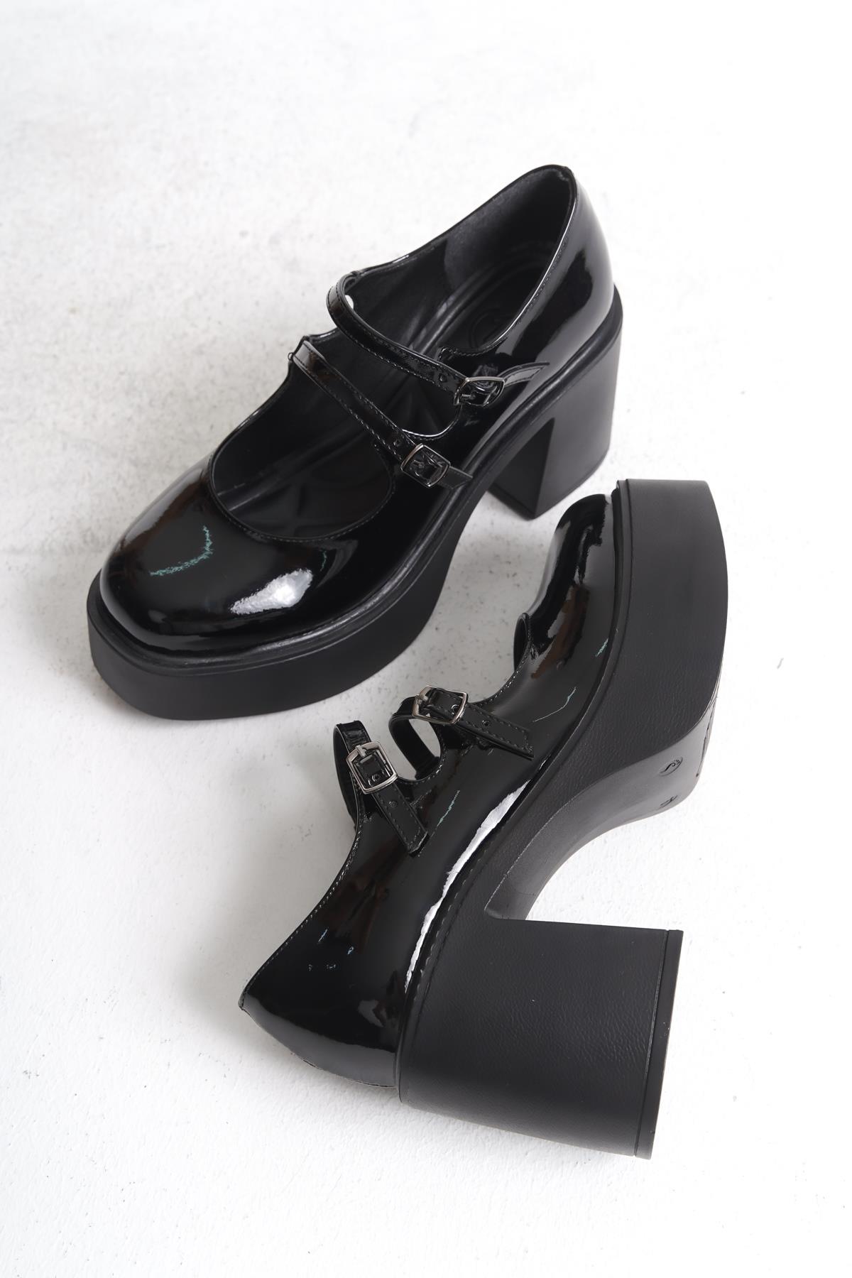 Ciza Siyah Rugan Mary Jane Yüksek Platform Topuklu Çift Bantlı Ayakkabı - Görsel 3