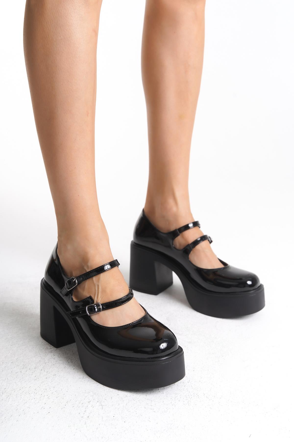 Ciza Siyah Rugan Mary Jane Yüksek Platform Topuklu Çift Bantlı Ayakkabı - Görsel 4