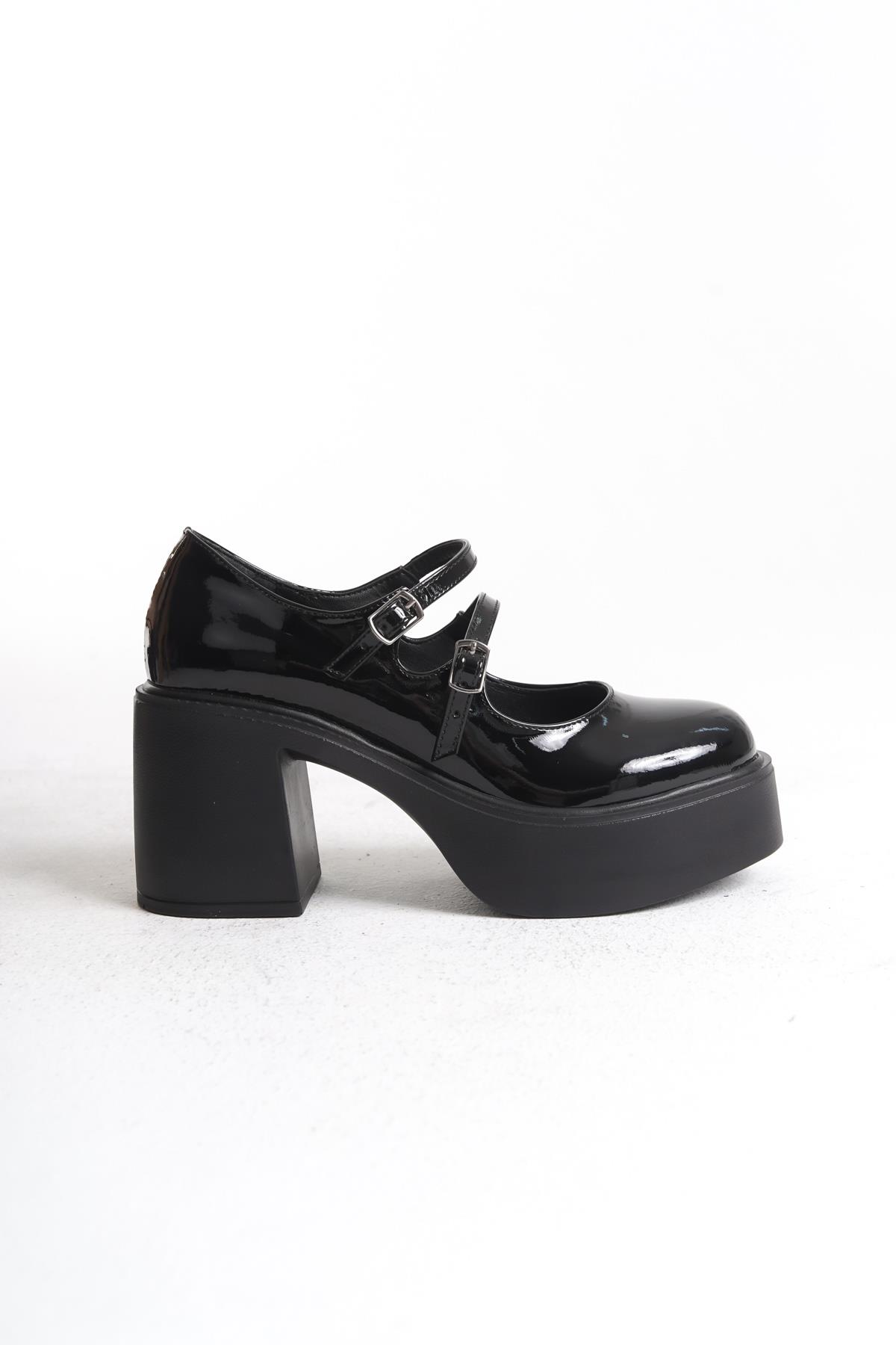 Ciza Siyah Rugan Mary Jane Yüksek Platform Topuklu Çift Bantlı Ayakkabı - Görsel 5