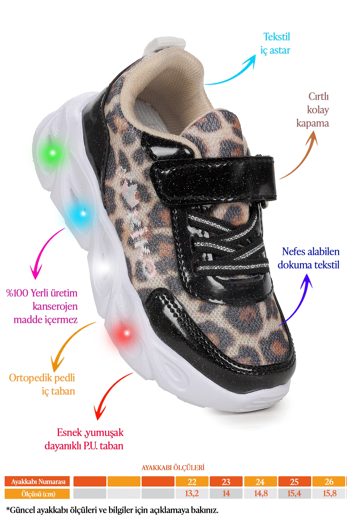 Teno Leopar Desenli Cırtlı Işıklı Kız Bebek Spor Ayakkabı Siyah - Görsel 3