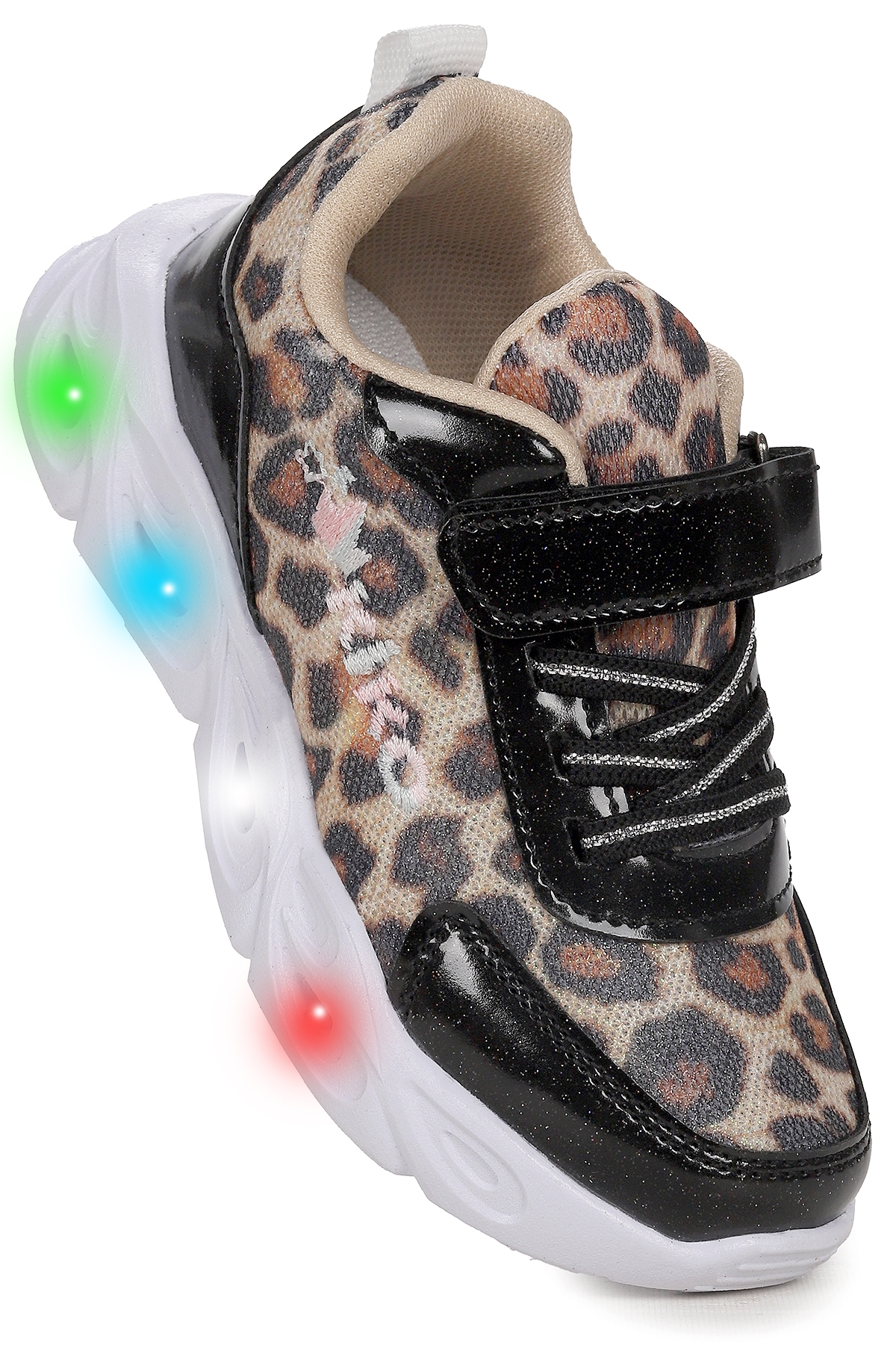 Teno Leopar Desenli Cırtlı Işıklı Kız Çocuk Spor Ayakkabı Siyah - Görsel 4