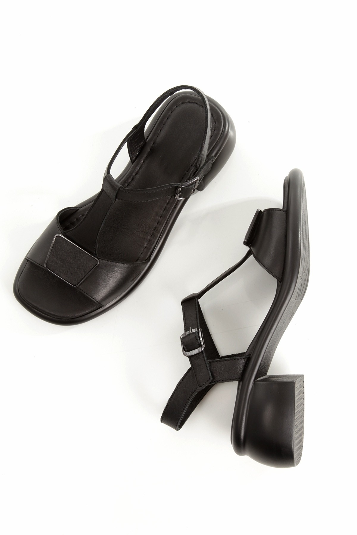 Tenus Siyah Hakiki Deri Tokalı Sandalet Kalın Topuklu Kadın Ayakkabı - Görsel 2