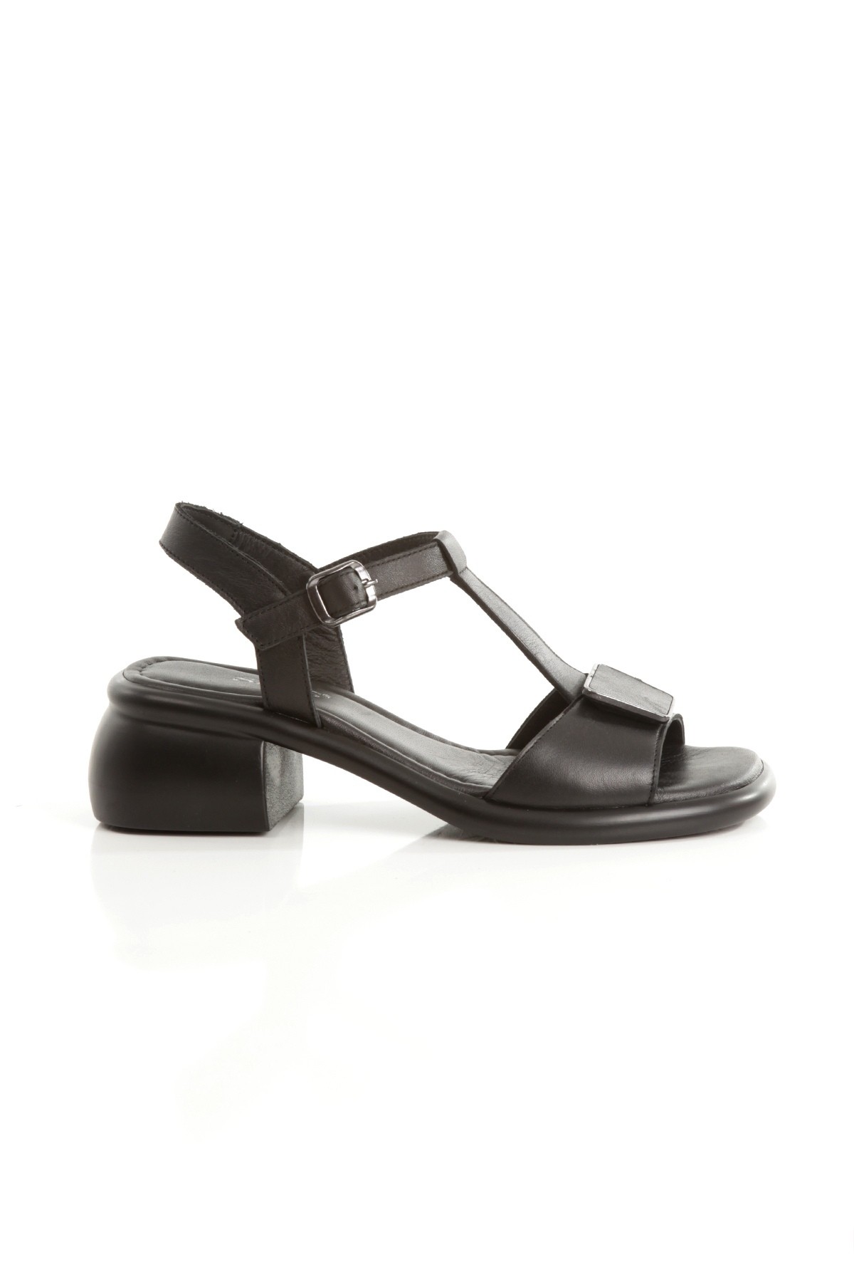 Tenus Siyah Hakiki Deri Tokalı Sandalet Kalın Topuklu Kadın Ayakkabı - Görsel 4