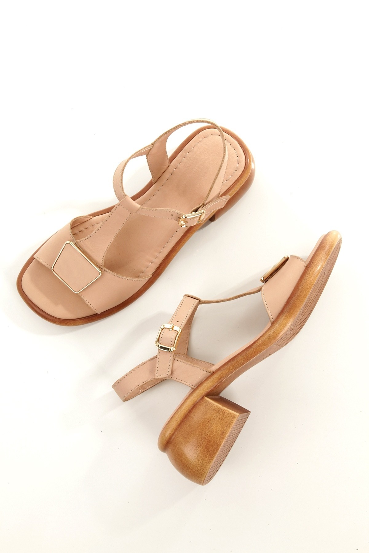 Tenus Bej Renk Hakiki Deri Tokalı Sandalet Kalın Topuklu Kadın Ayakkabı - Görsel 3