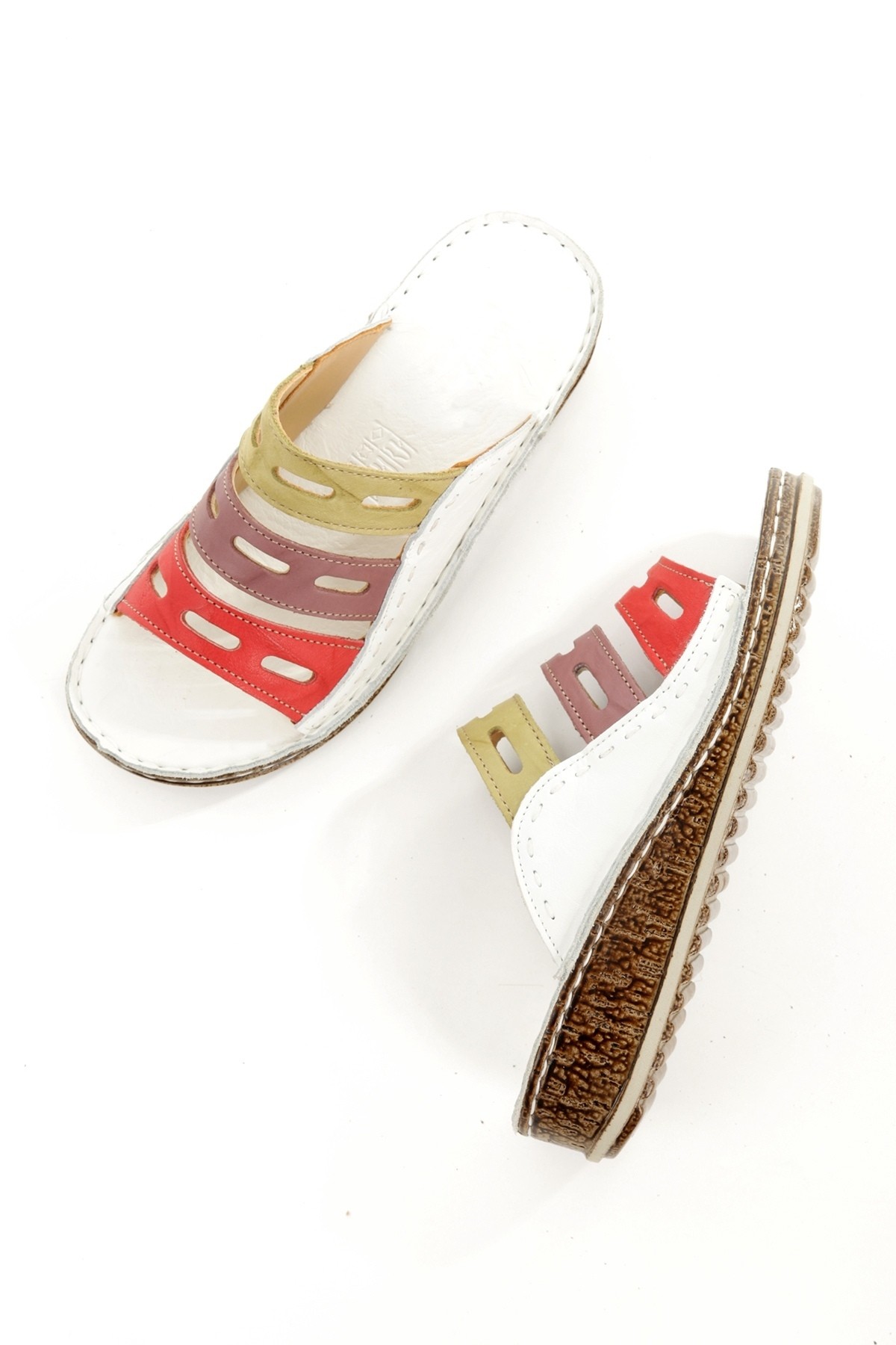 Viba Çok Renkli Beyaz Hakiki Deri Günlük Kadın Terlik - Görsel 4