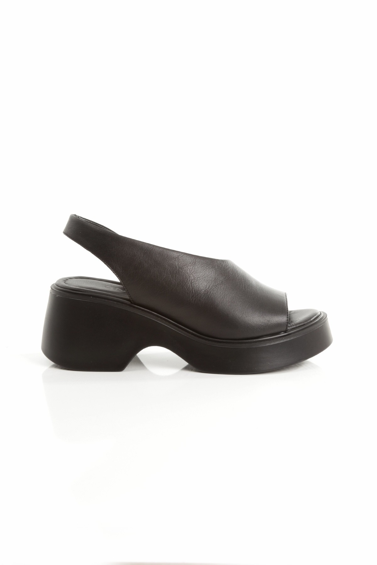 Suma Siyah Hakiki Deri Sandalet Asimetrik Dolgu Topuklu Kadın Ayakkabı - Görsel 5