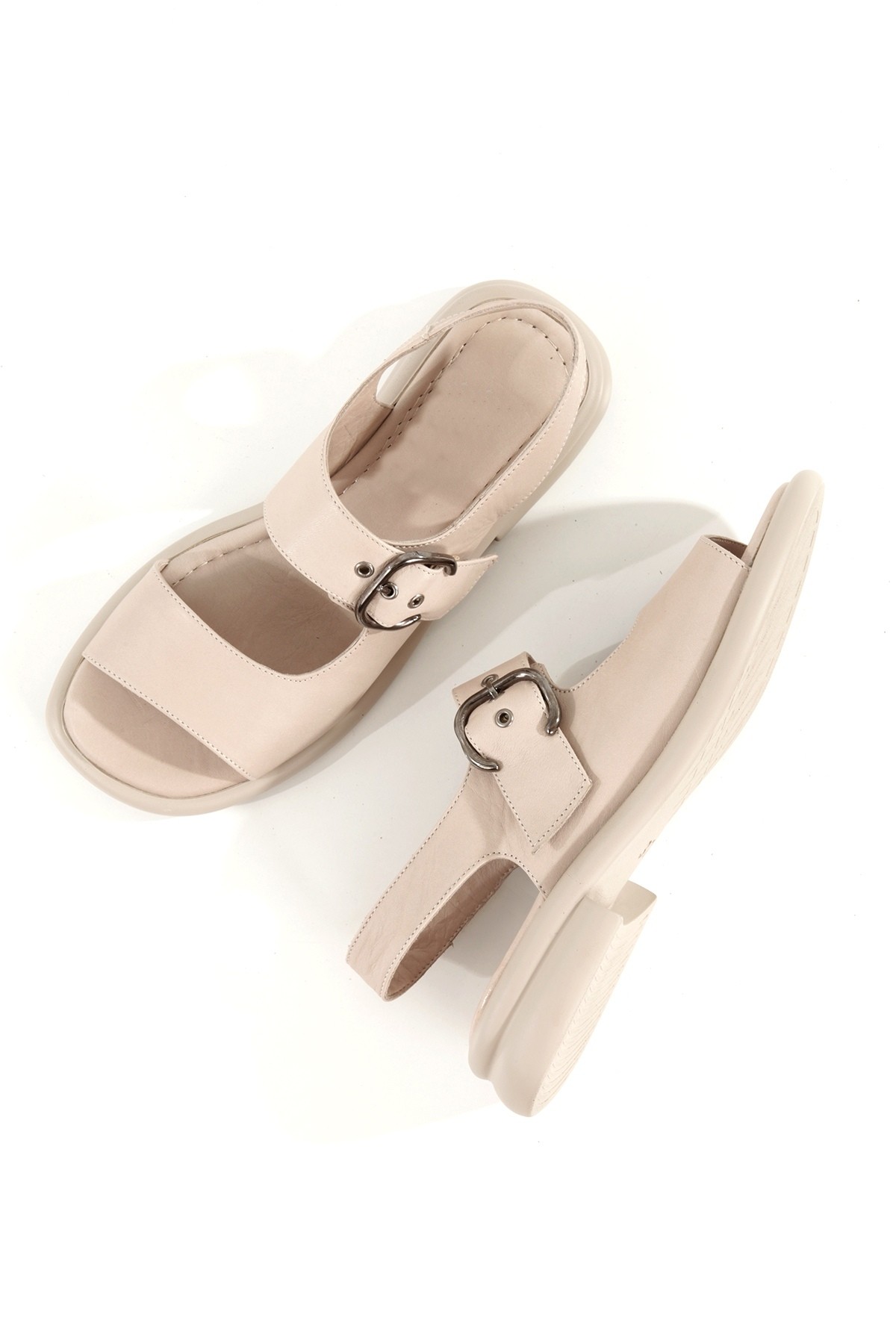 Orka Krem Taş Rengi Yumuşak Hakiki Deri Günlük Kadın Sandalet - Görsel 3