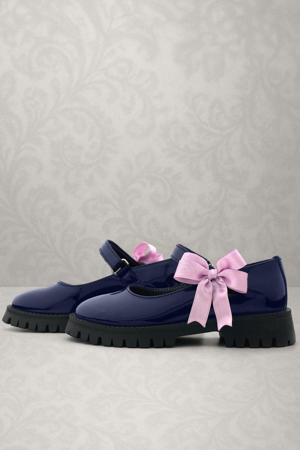 Lacivert Rugan Cırtlı Kalın Tabanlı Kurdeleli Kız Çocuk Okul Ayakkabısı - Görsel 3