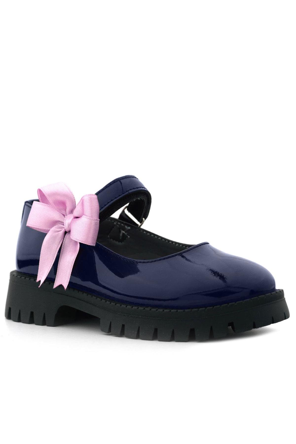 Lacivert Rugan Cırtlı Kalın Tabanlı Kurdeleli Kız Çocuk Okul Ayakkabısı - Görsel 2