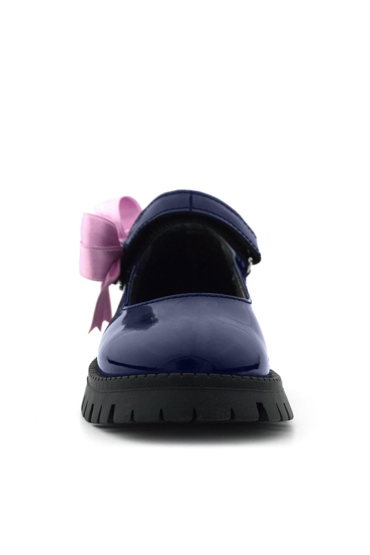 Lacivert Rugan Cırtlı Kalın Tabanlı Kurdeleli Kız Çocuk Okul Ayakkabısı - Görsel 5