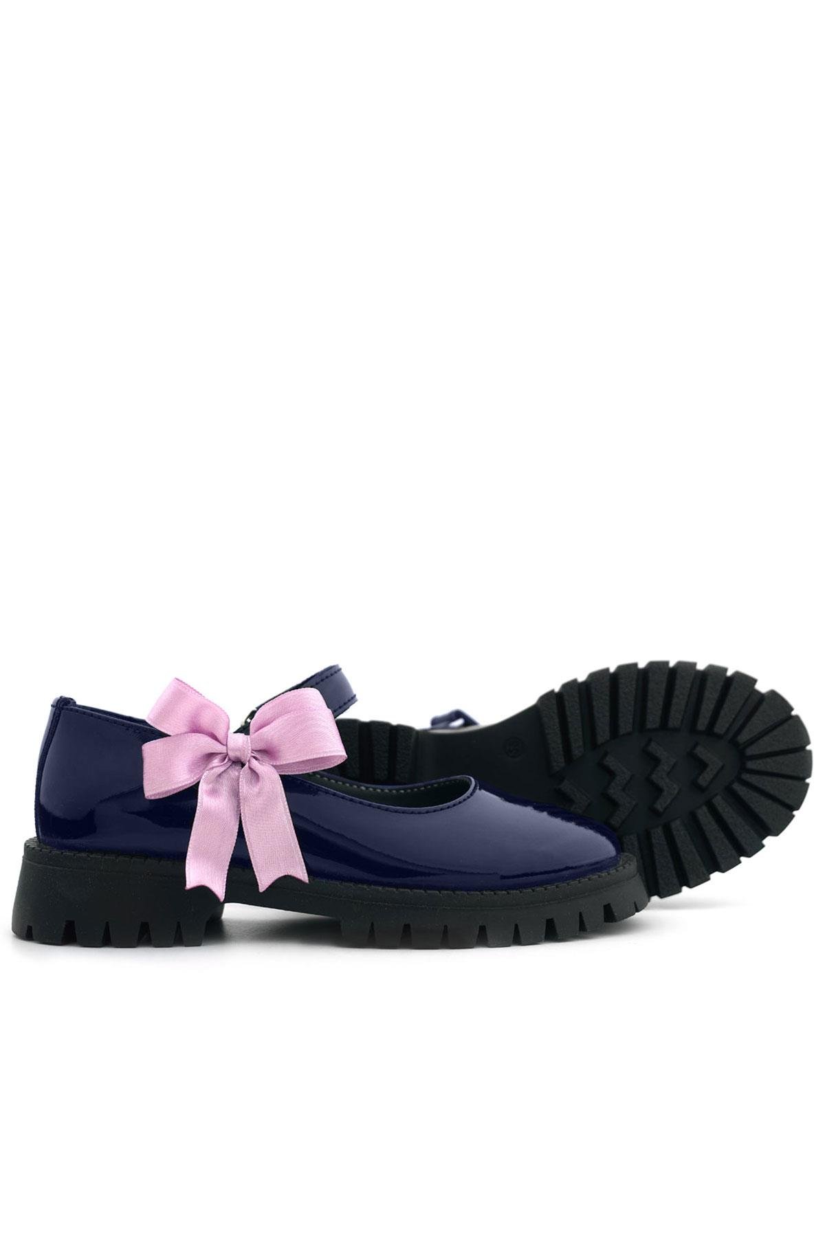 Lacivert Rugan Cırtlı Kalın Tabanlı Kurdeleli Kız Çocuk Okul Ayakkabısı - Görsel 8