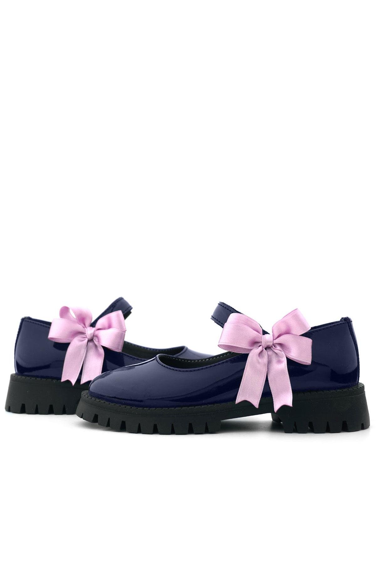 Lacivert Rugan Cırtlı Kalın Tabanlı Kurdeleli Kız Çocuk Okul Ayakkabısı - Görsel 9