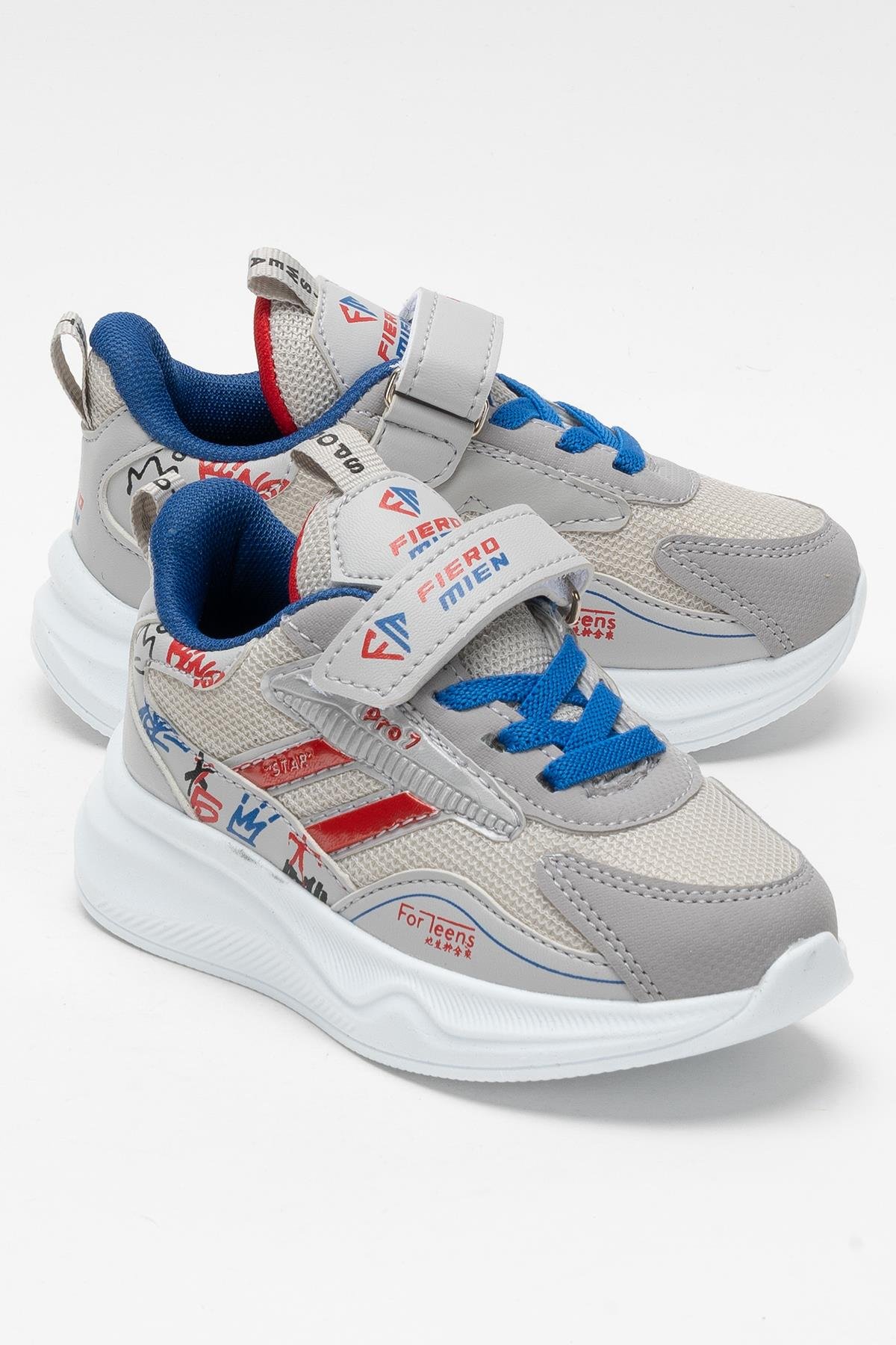 Çocuk Cırtlı Akıllı Bağcık Spor Ayakkabı GRİ - MAVİ - Görsel 3