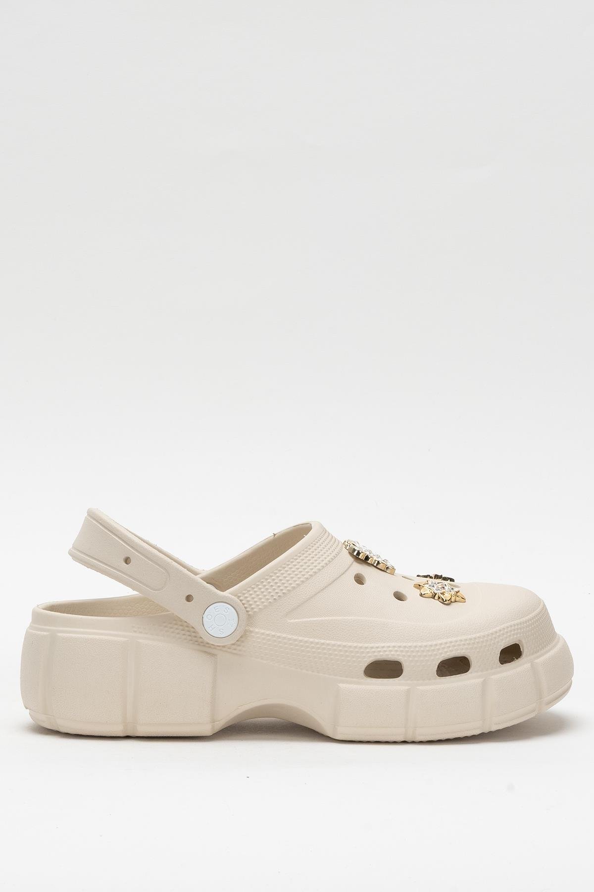 Yüksek Taban Taşlı Rahat Comfort Kadın Sandalet BEJ - Görsel 2