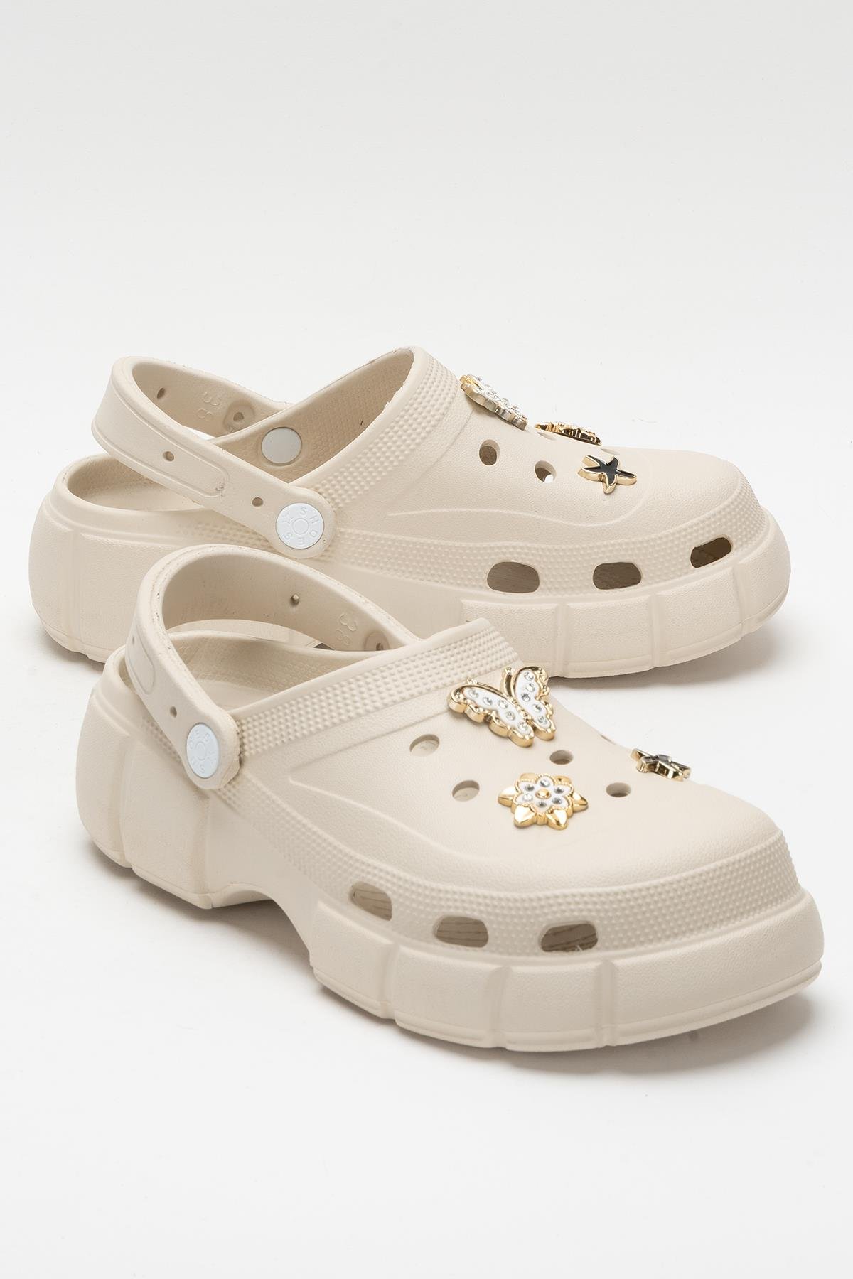 Yüksek Taban Taşlı Rahat Comfort Kadın Sandalet BEJ - Görsel 3