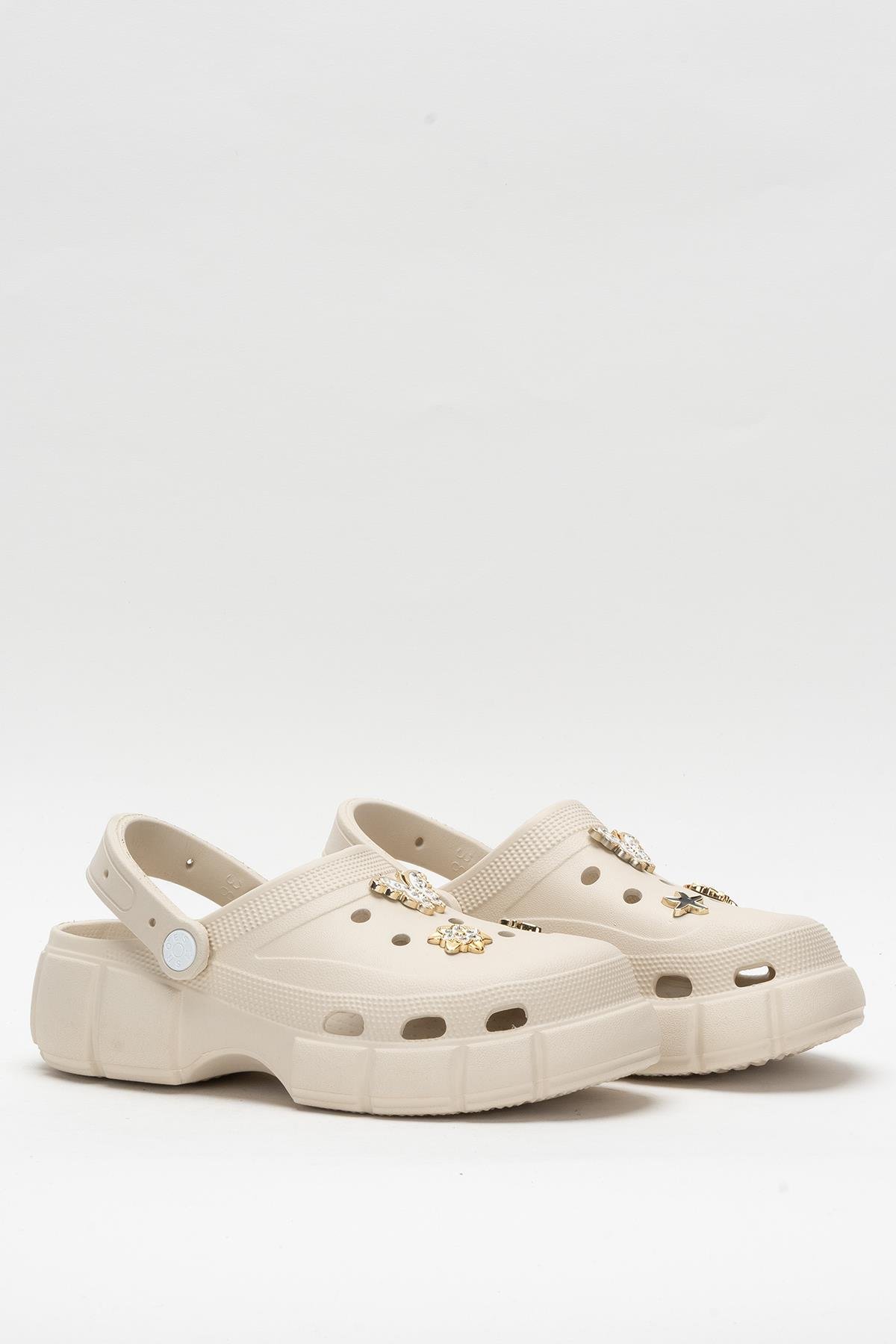 Yüksek Taban Taşlı Rahat Comfort Kadın Sandalet BEJ - Görsel 4