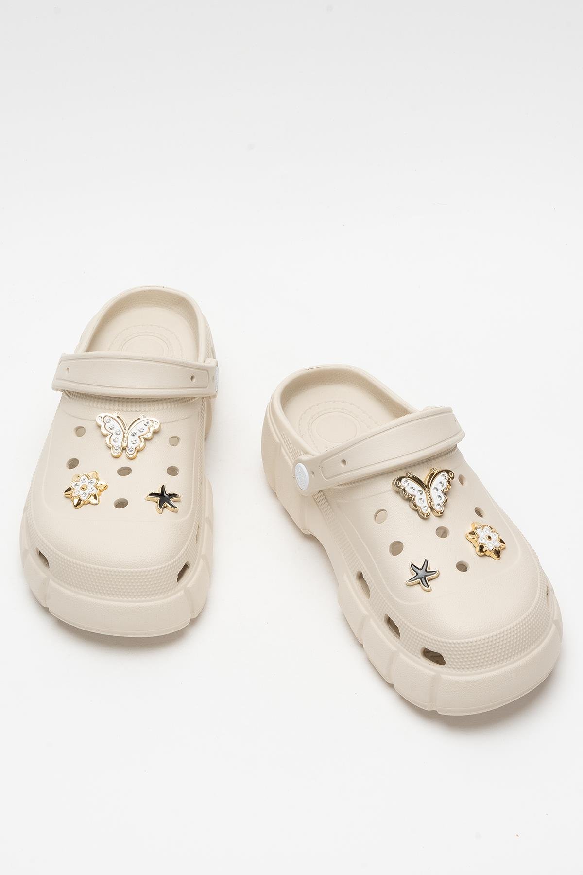 Yüksek Taban Taşlı Rahat Comfort Kadın Sandalet BEJ - Görsel 7