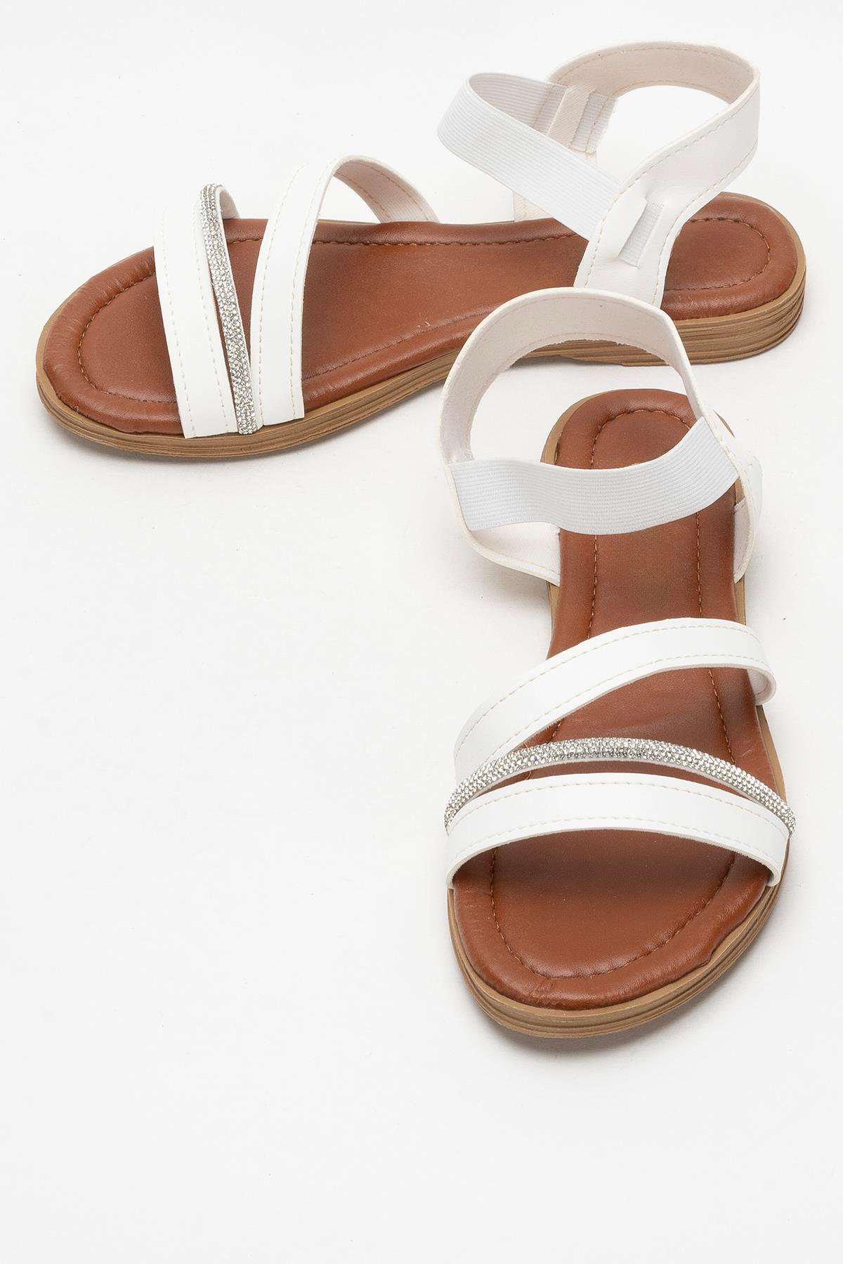 Kadın Taş Bantlı Sandalet Ayakkabı BEYAZ - Görsel 8