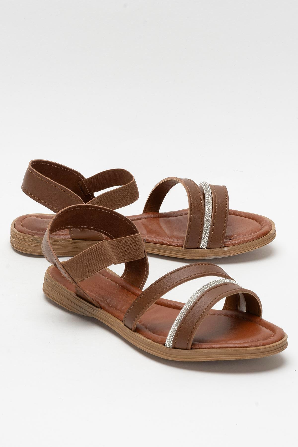 Kadın Taş Bantlı Sandalet Ayakkabı TABA - Görsel 3